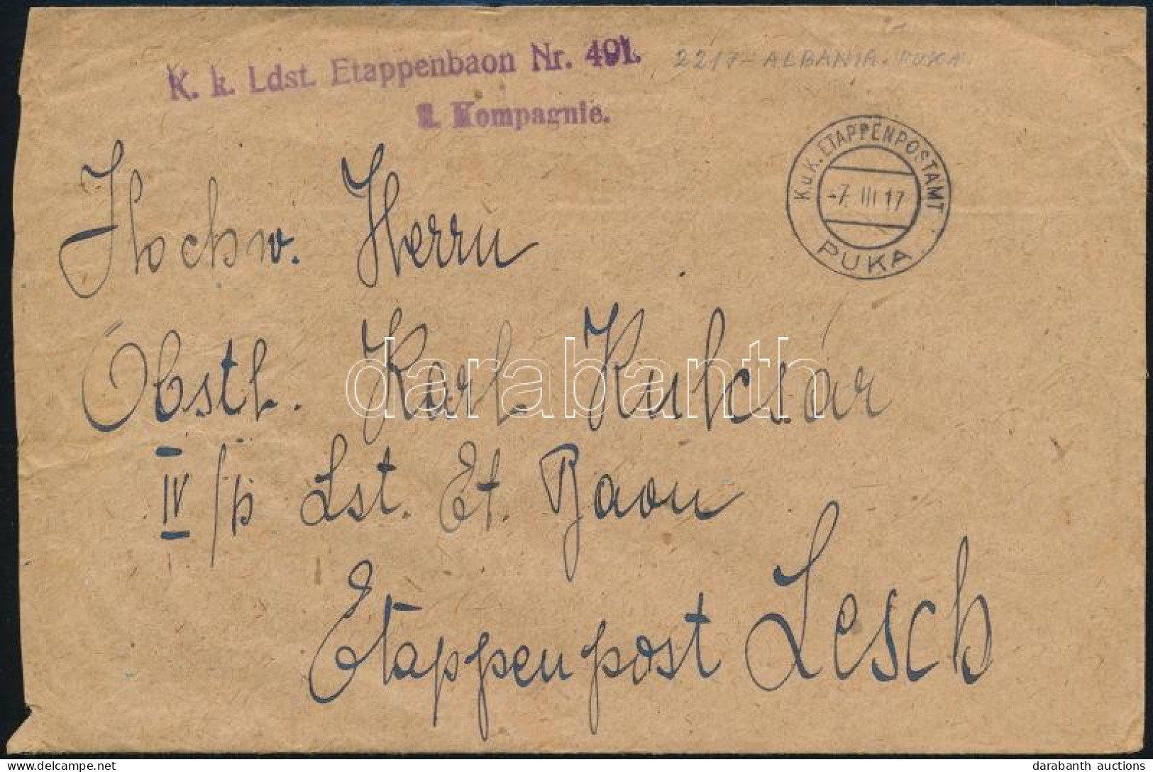 1917 Tábori Posta Levél "K.k. Ldst. Etappenbaon Nr. 491" + "EP PUKA" - Otros & Sin Clasificación