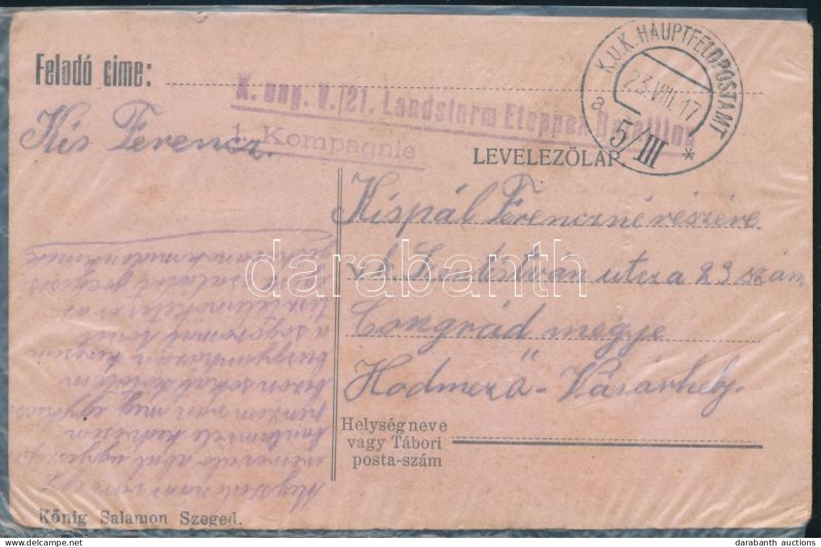 1917 Tábori Posta Levelezőlap "K. Ung. V./21. Landsturm Etappen Bataillon" + "HP 5/IIIa" - Autres & Non Classés