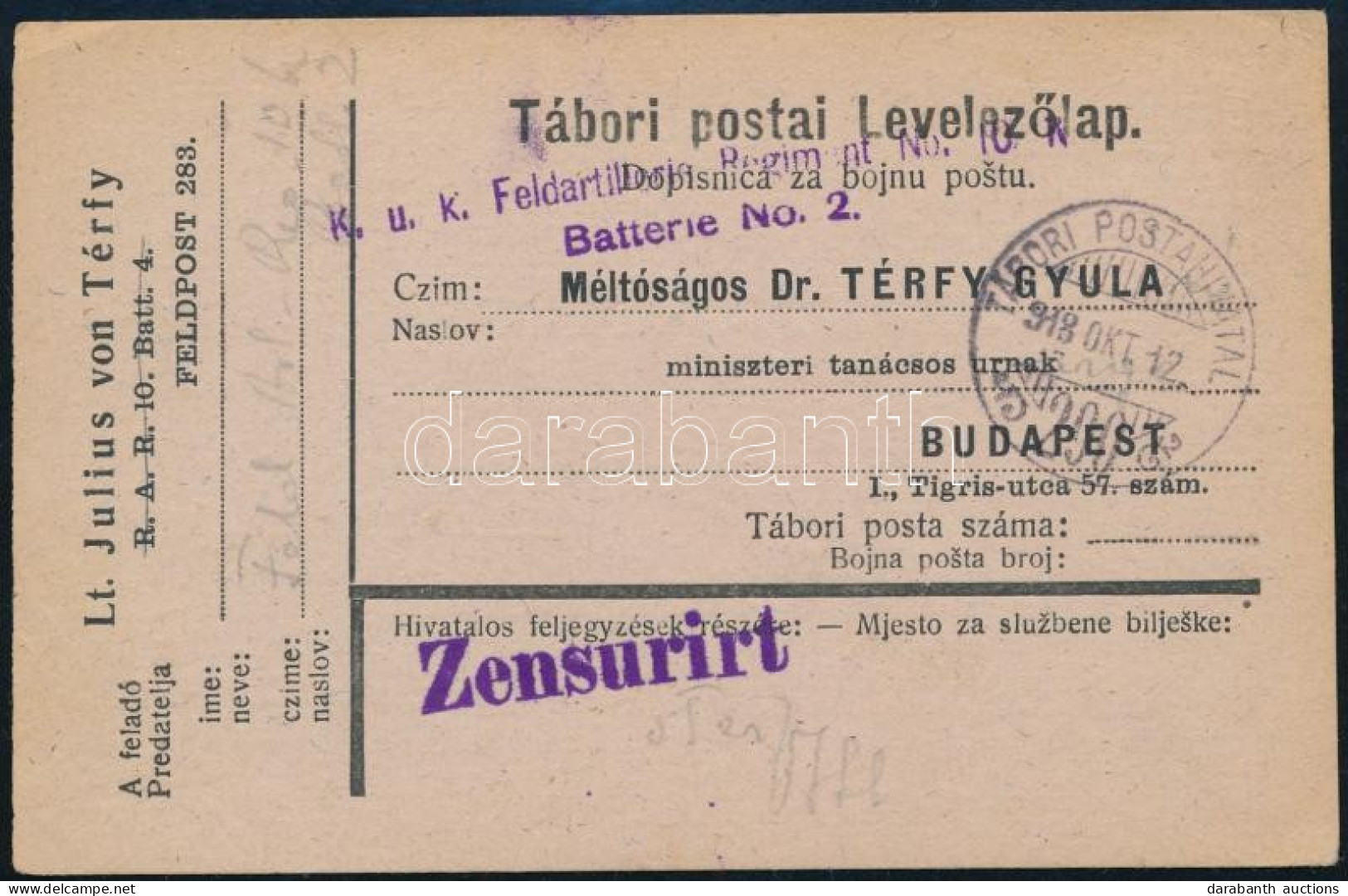 1918 Tábori Posta Levelezőlap "K.u.k. Feldartillerie Regiment No.10." + "TP 290" - Sonstige & Ohne Zuordnung