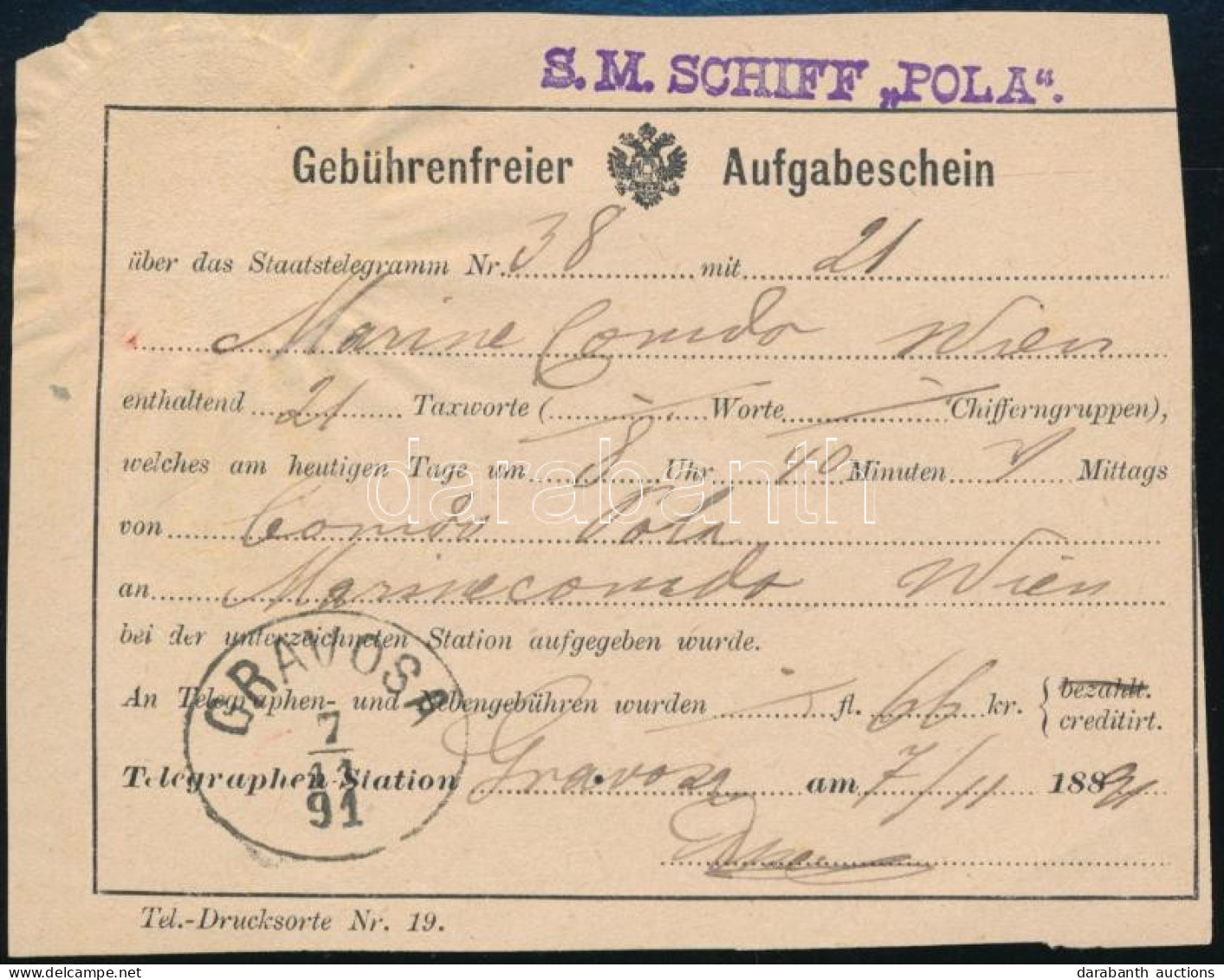 1891 Távirati Díjnyugta "S.M. SCHIFF POLA" + "GRAVOSA" - Other & Unclassified