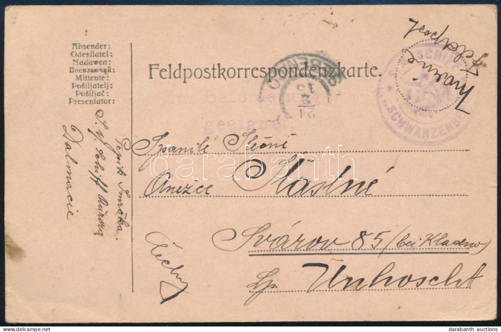 1915 Tábori Posta Levelezőlap "S.M. SCHIFF SCHWARZENBERG" / This Postcard Is Of Special Interest As It Was Written By A  - Sonstige & Ohne Zuordnung
