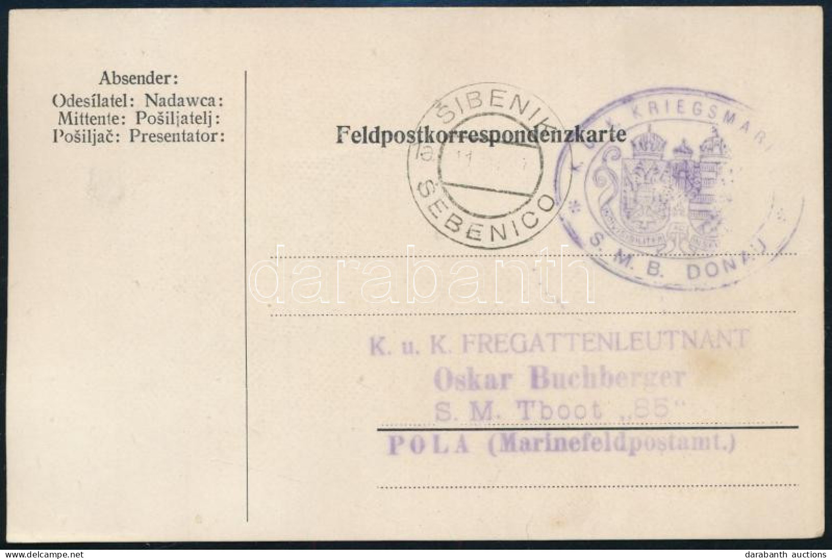 ~1915 Tábori Posta Levelezőlap "S.M.B. DONAU" + "SIBENIK / SEBENICO" - Autres & Non Classés