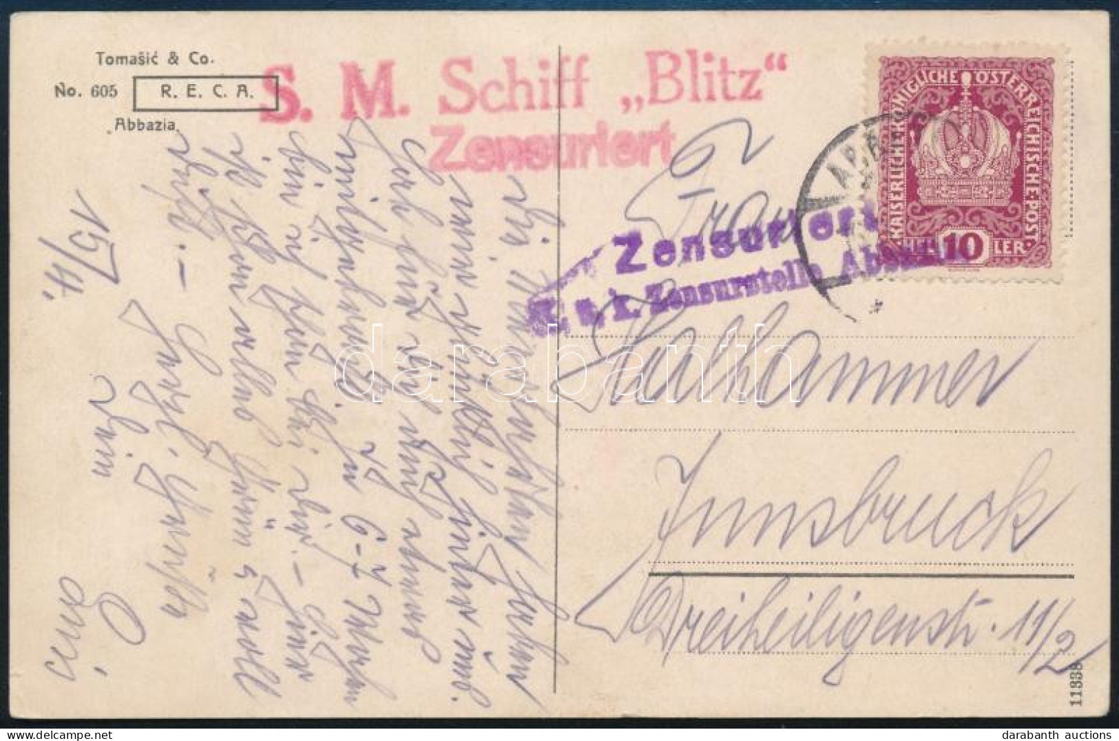 ~1916 Tábori Posta Képeslap 10h Bérmentesítéssel "S. M. Schiff Blitz" - Andere & Zonder Classificatie