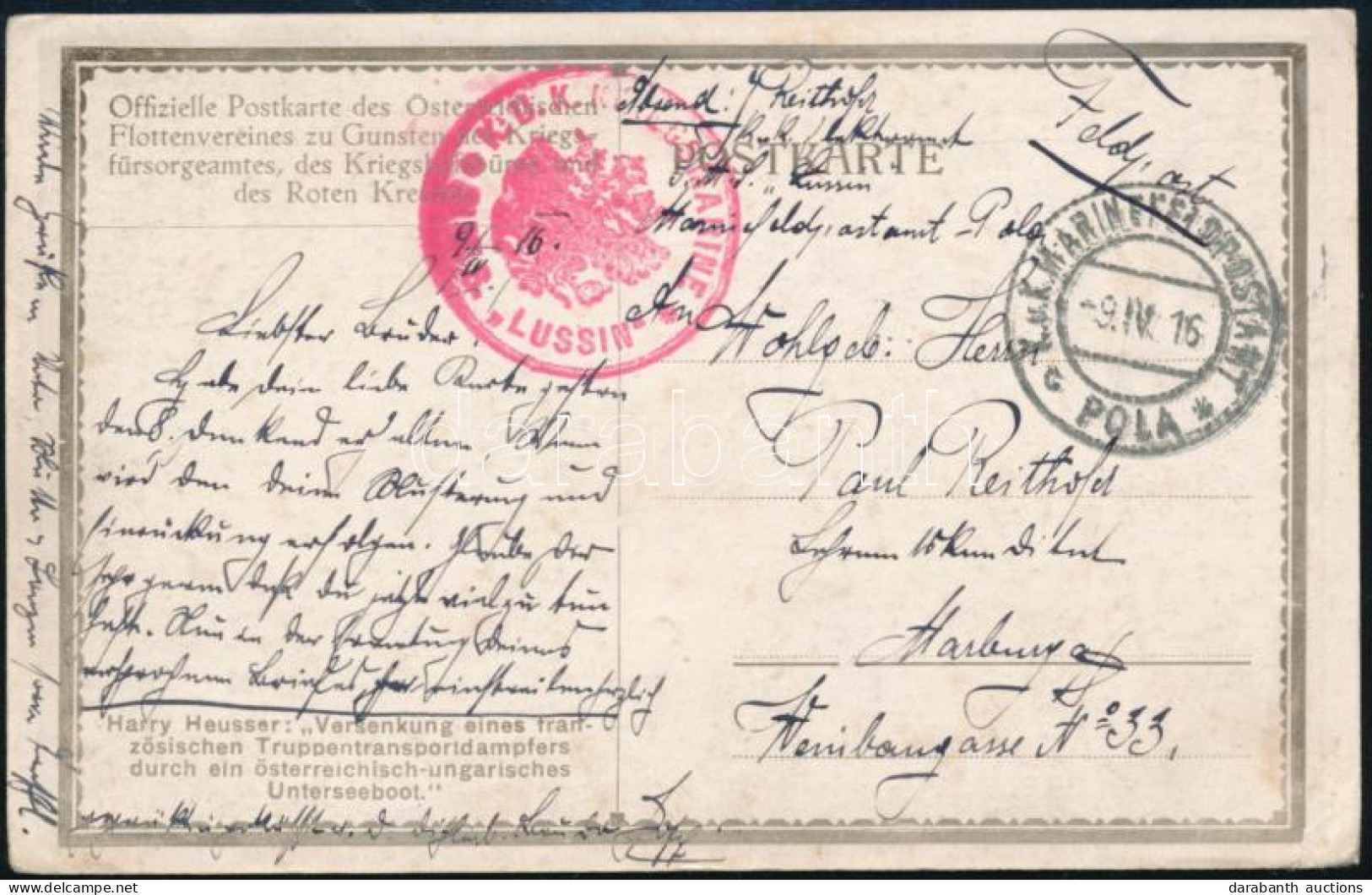1916 Tábori Posta Képeslap "S.M.S. LUSSIN" - Andere & Zonder Classificatie