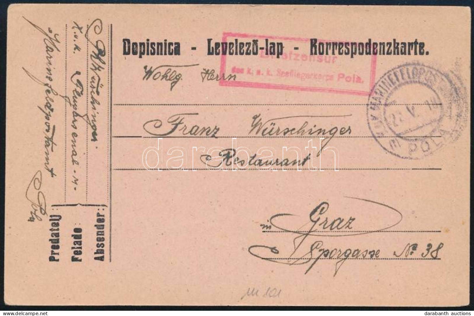 1918 Tábori Posta Levelezőlap "K.u.k. Seefliegerkorps Pola" - Autres & Non Classés