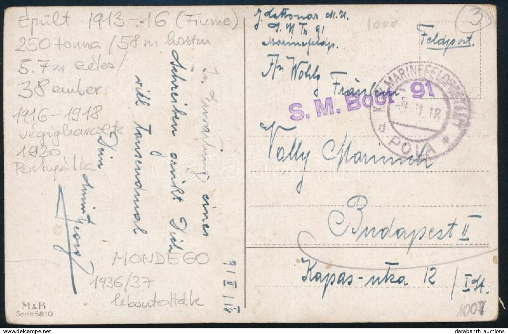 1918 Tábori Posta Képeslap "S.M. Boot 91" - Sonstige & Ohne Zuordnung