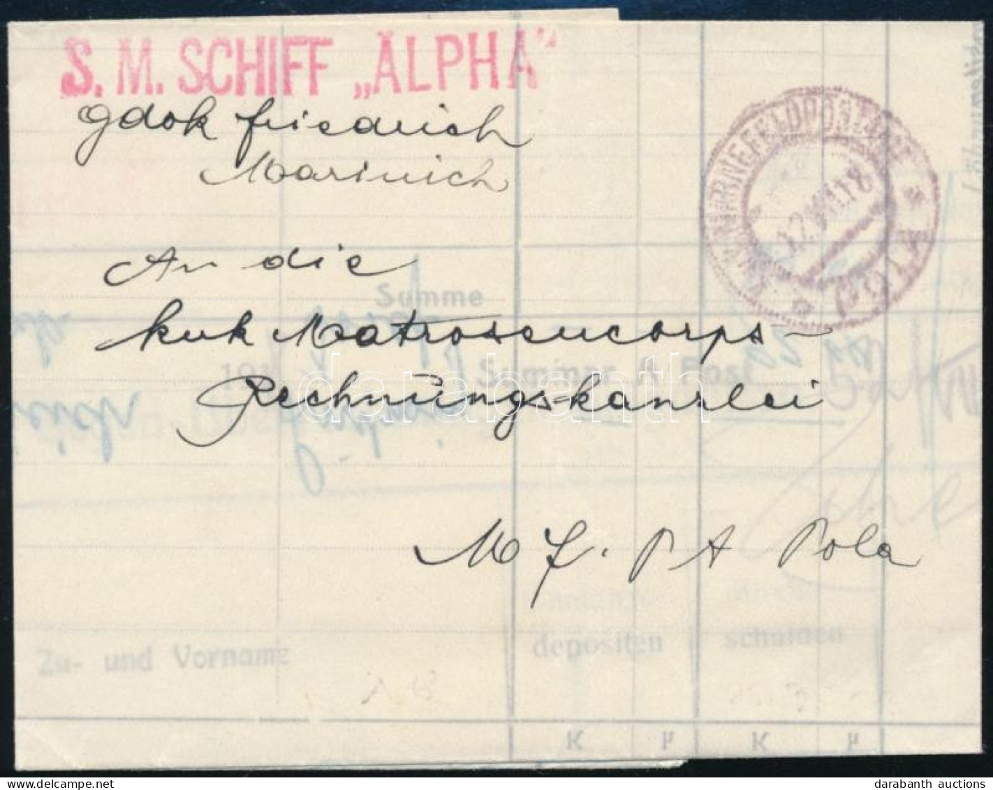 1918 Tábori Posta Nyomtatvány "S.M. SCHIFF ALPHA" - Other & Unclassified