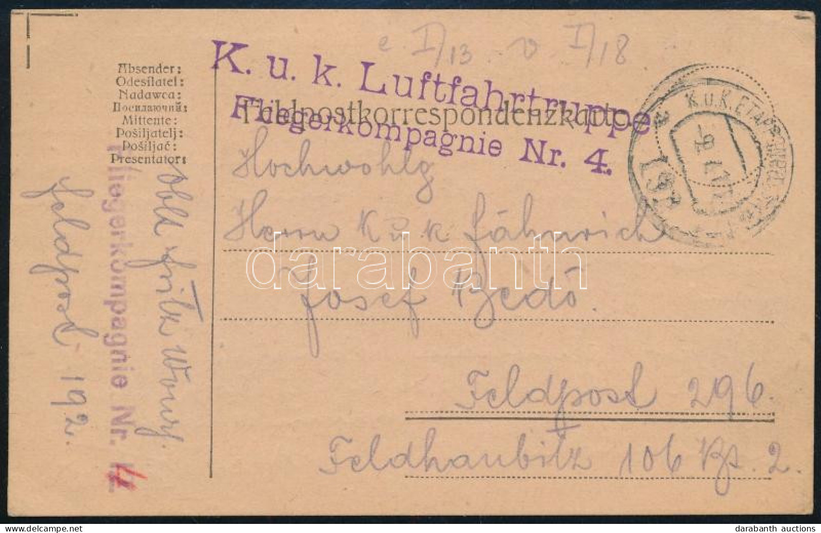 1917 Tábori Posta Levelezőlap / Field Postcard "EP 192 A" + "K.u.K. LUFTFAHRTRUPPEN / FLIEGERKOMPAGNIE Nr. 4" - Other & Unclassified