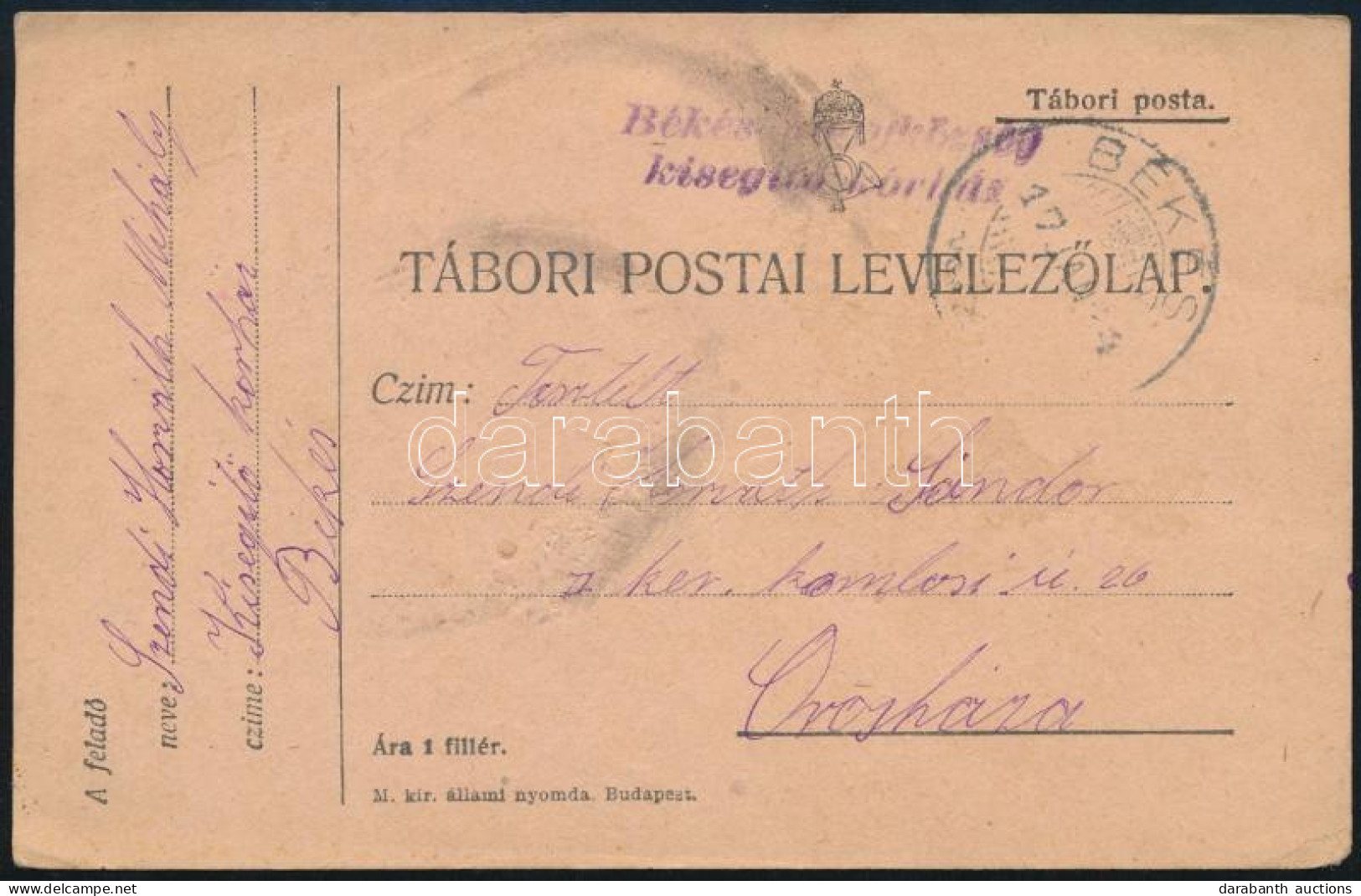 1917 Tábori Posta Levelezőlap "Békés Kisegítő Kórház" - Sonstige & Ohne Zuordnung