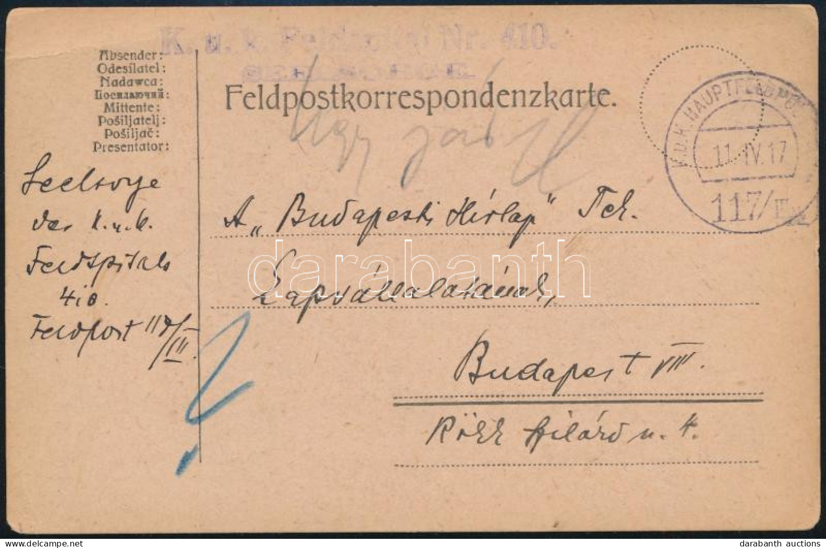 1917 Tábori Posta Levelezőlap "K.u.K. FELDSPITAL Nr. 410." + "HP 117/III" - Other & Unclassified