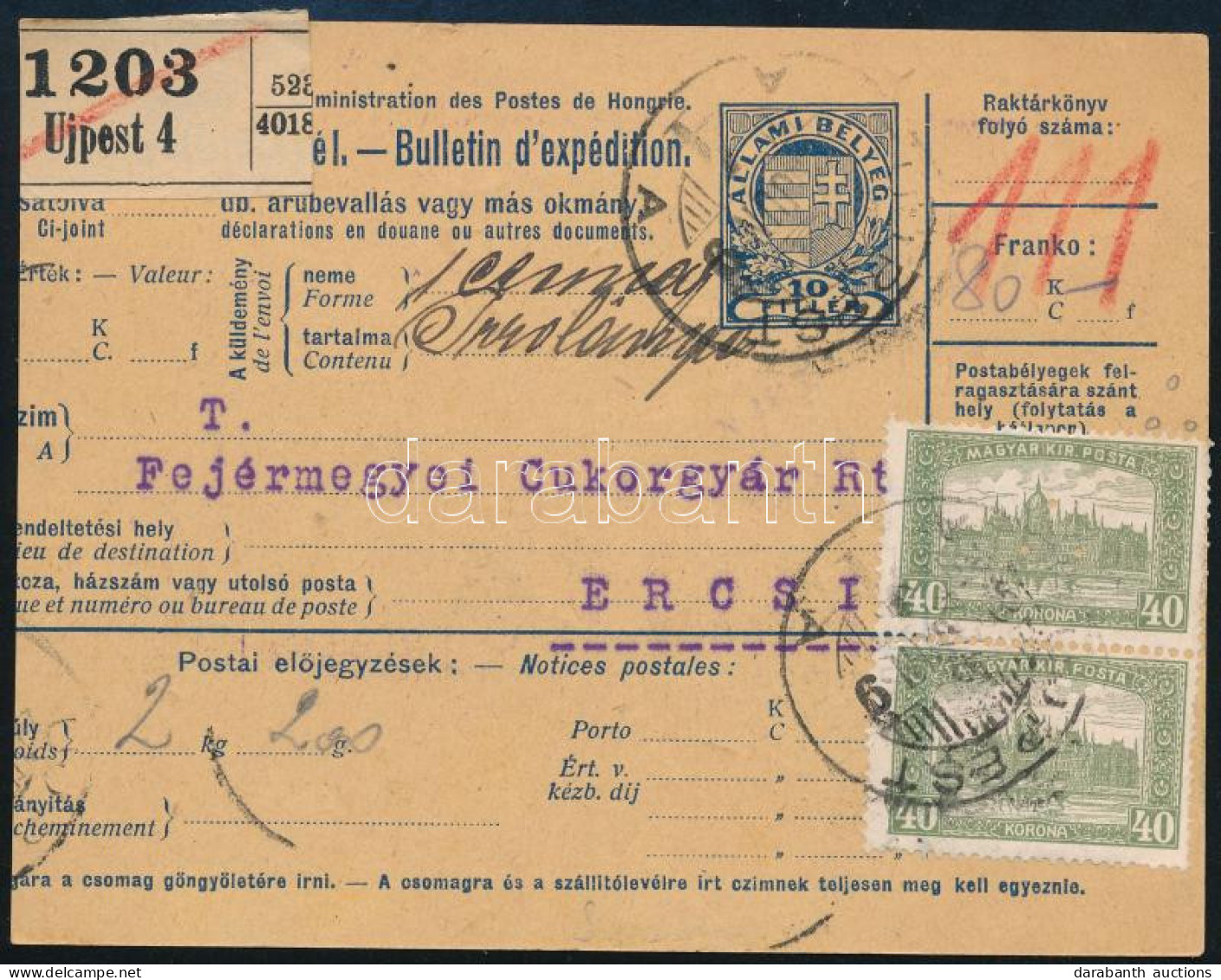 1923 Csomagszállító 2 X 40f Parlament Bélyeggel + 3 X 10f Hivatalos Bélyeggel - Other & Unclassified