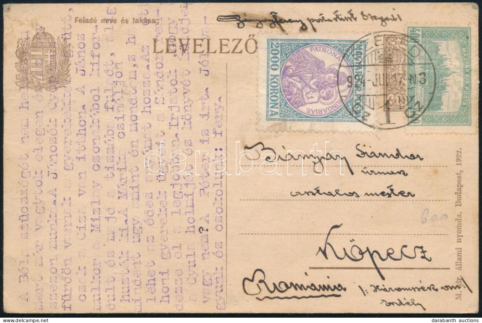 1924 Levelezőlap 2.400K Bérmentesítéssel Szegedről Romániába - Otros & Sin Clasificación