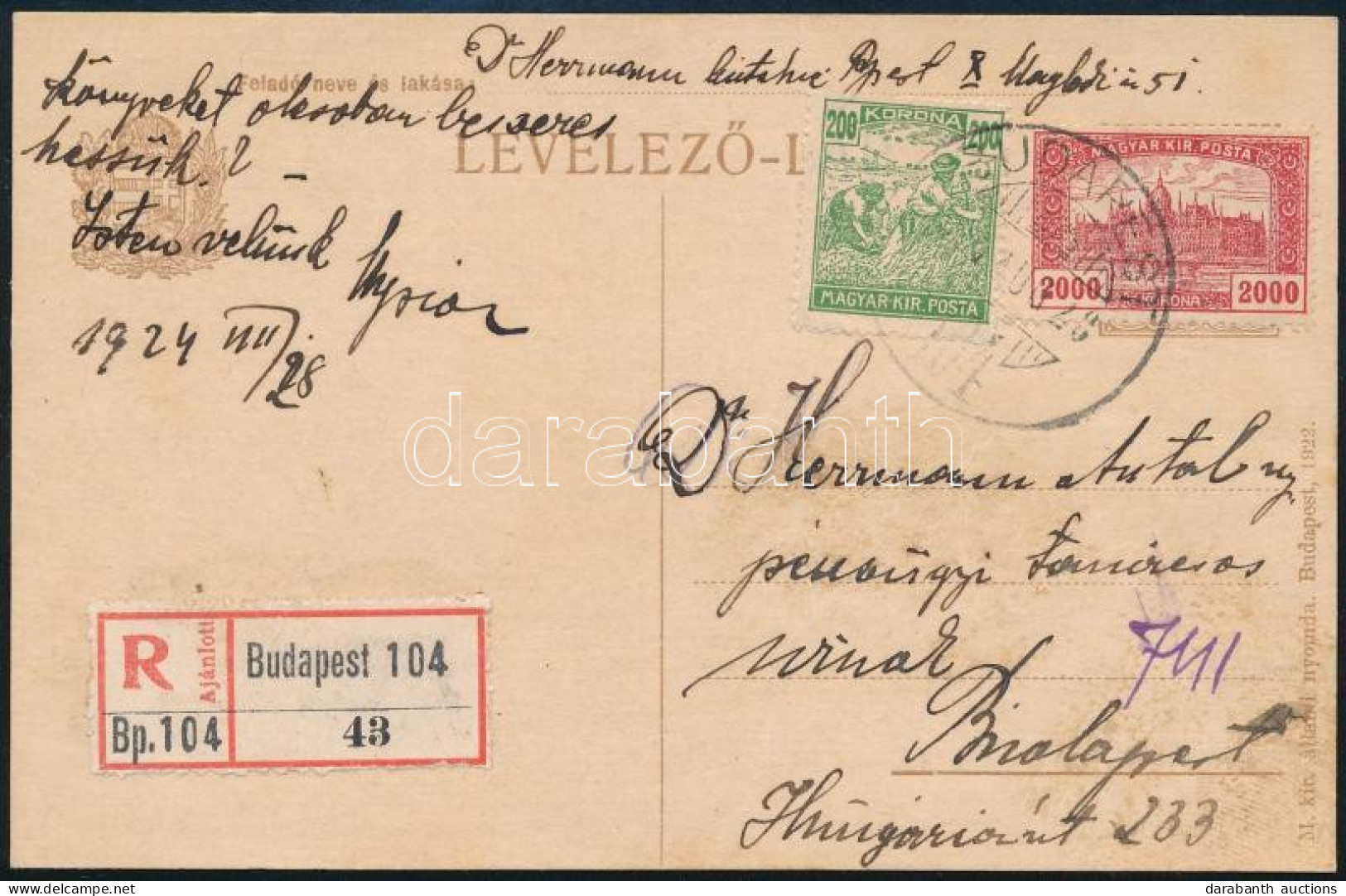 1924 (14. Díjszabás) Budapest Helyi Ajánlott Levelezőlap 2.200K Bérmentesítéssel (100K Túlbérmentesítés) - Otros & Sin Clasificación