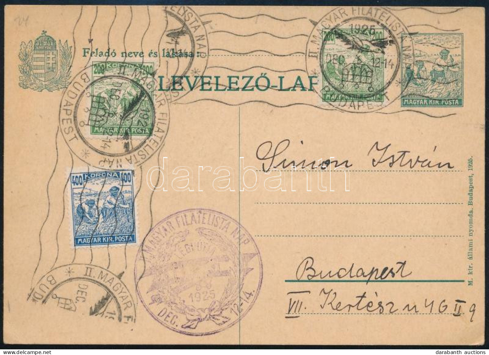 1925 Budapest Helyi Levelezőlap 800K Bérmentesítéssel, "II. MAGYAR FILATELISTA NAP" Alkalmi Bélyegzéssel - Other & Unclassified