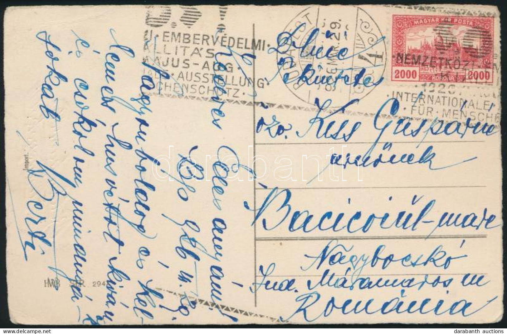 1926 Képeslap Romániába Küldve Alkalmi Bélyegzéssel "NEMZETKÖZI EMBERVÉDELMI KIÁLLÍTÁS" / Postcard To Romania With Speci - Other & Unclassified