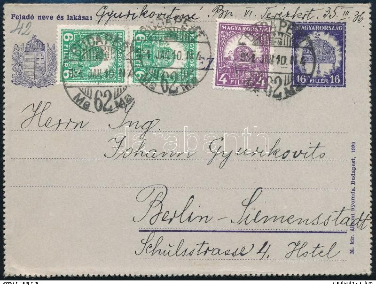 1931 Díjjegyes Zárt Levelezőlap Pengő-fillér 4f + 2 X 6f Díjkiegészítéssel "BUDAPEST" - Berlin - Other & Unclassified