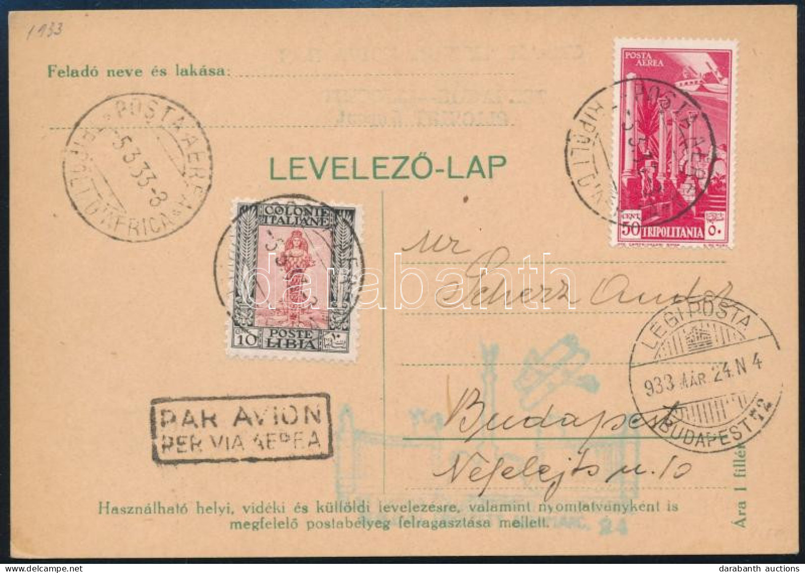 1933 Gerle Földközi Tengeri Körrepülés Levelezőlap Tripoli - Budapest / Gerle Mediterranian Round Flight Postcard Tripol - Sonstige & Ohne Zuordnung