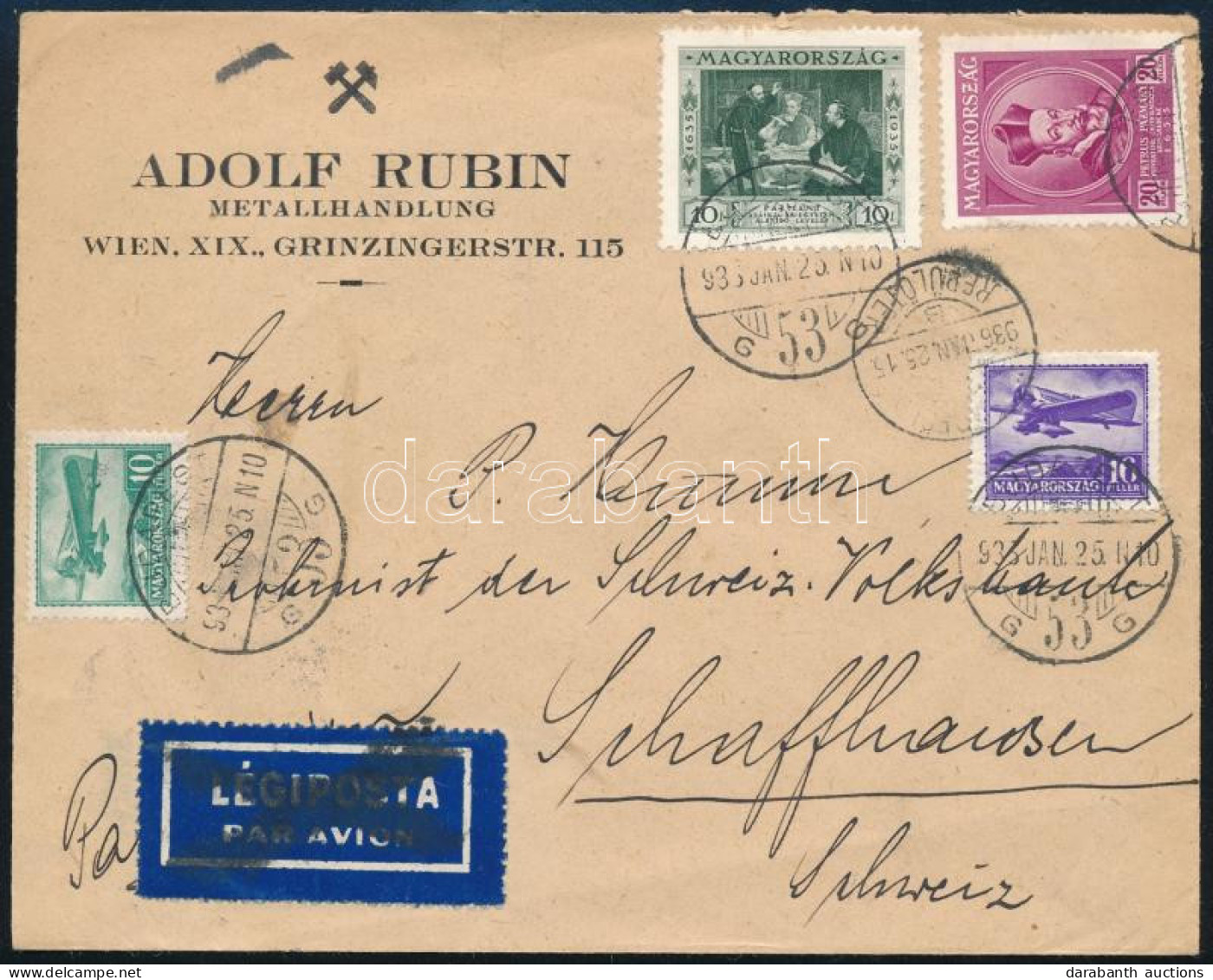 1936 Légiposta Levél "BUDAPEST" - Wien - Schaffhausen 4 Féle Bélyeggel - Other & Unclassified