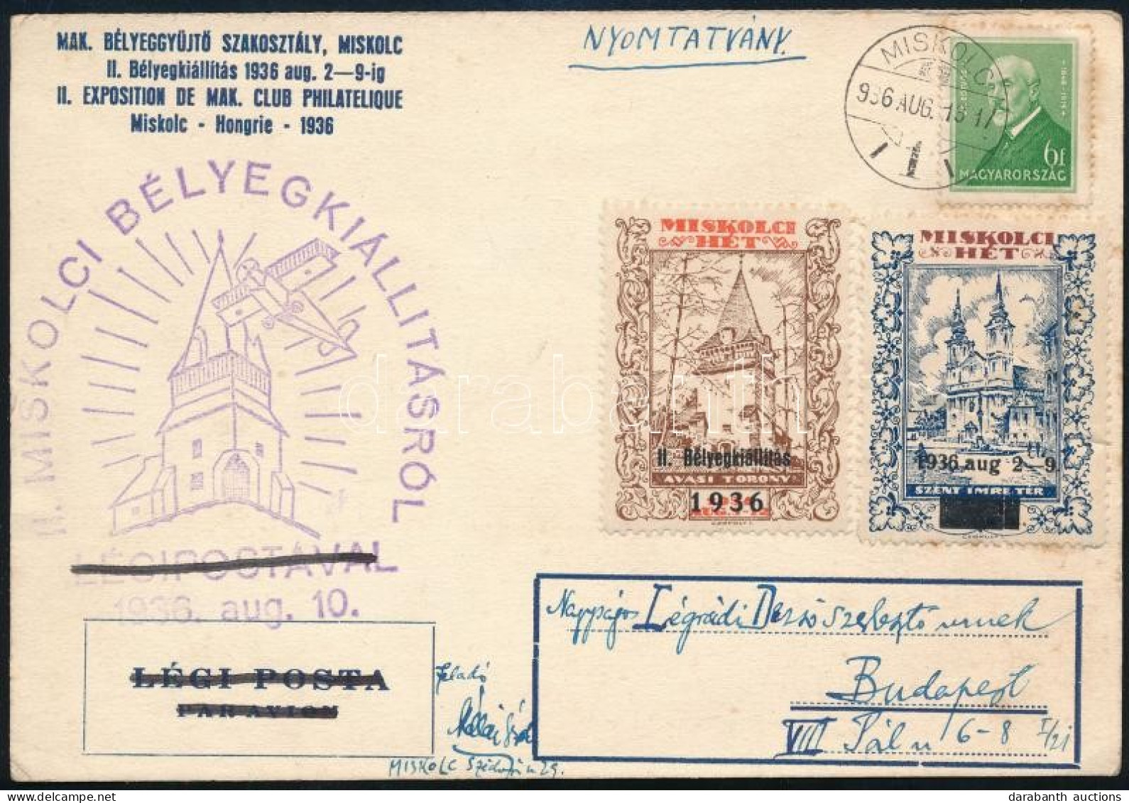 1936 Miskolci Hét 2 Klf Levélzáró Futott Levelezőlapon / 2 Different Label On Postcard - Otros & Sin Clasificación