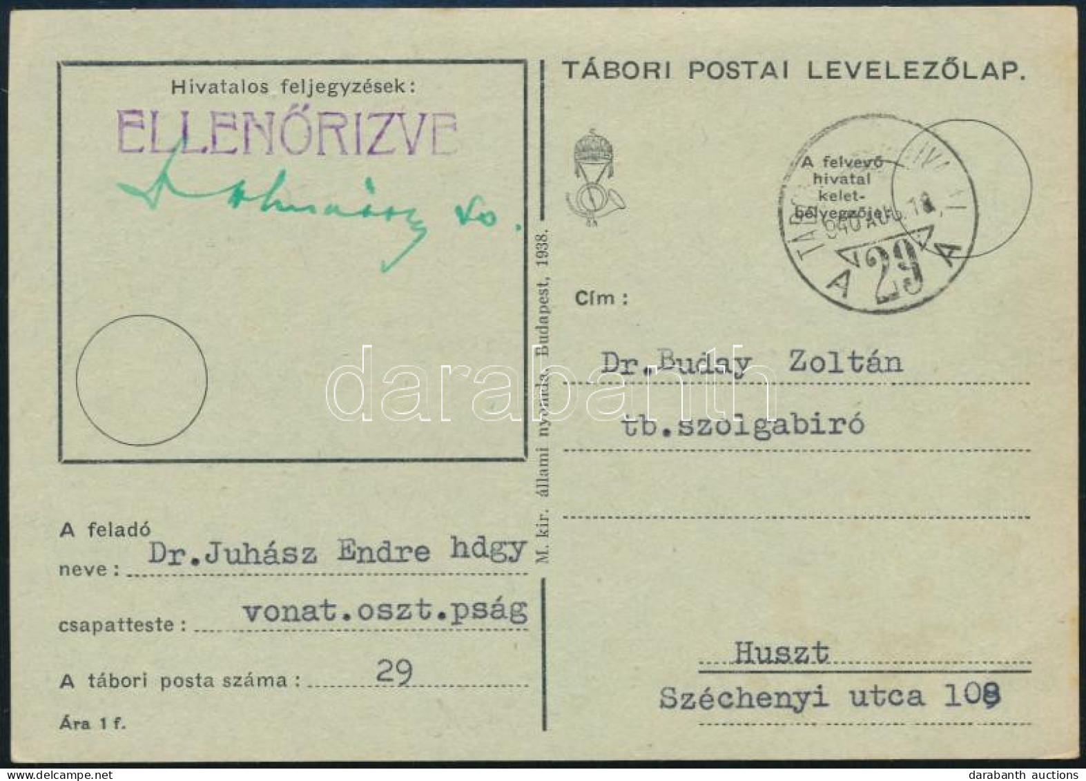 1940 II. Világháborús Tábori Posta Levelezőlap "TP 29 A" - Sonstige & Ohne Zuordnung