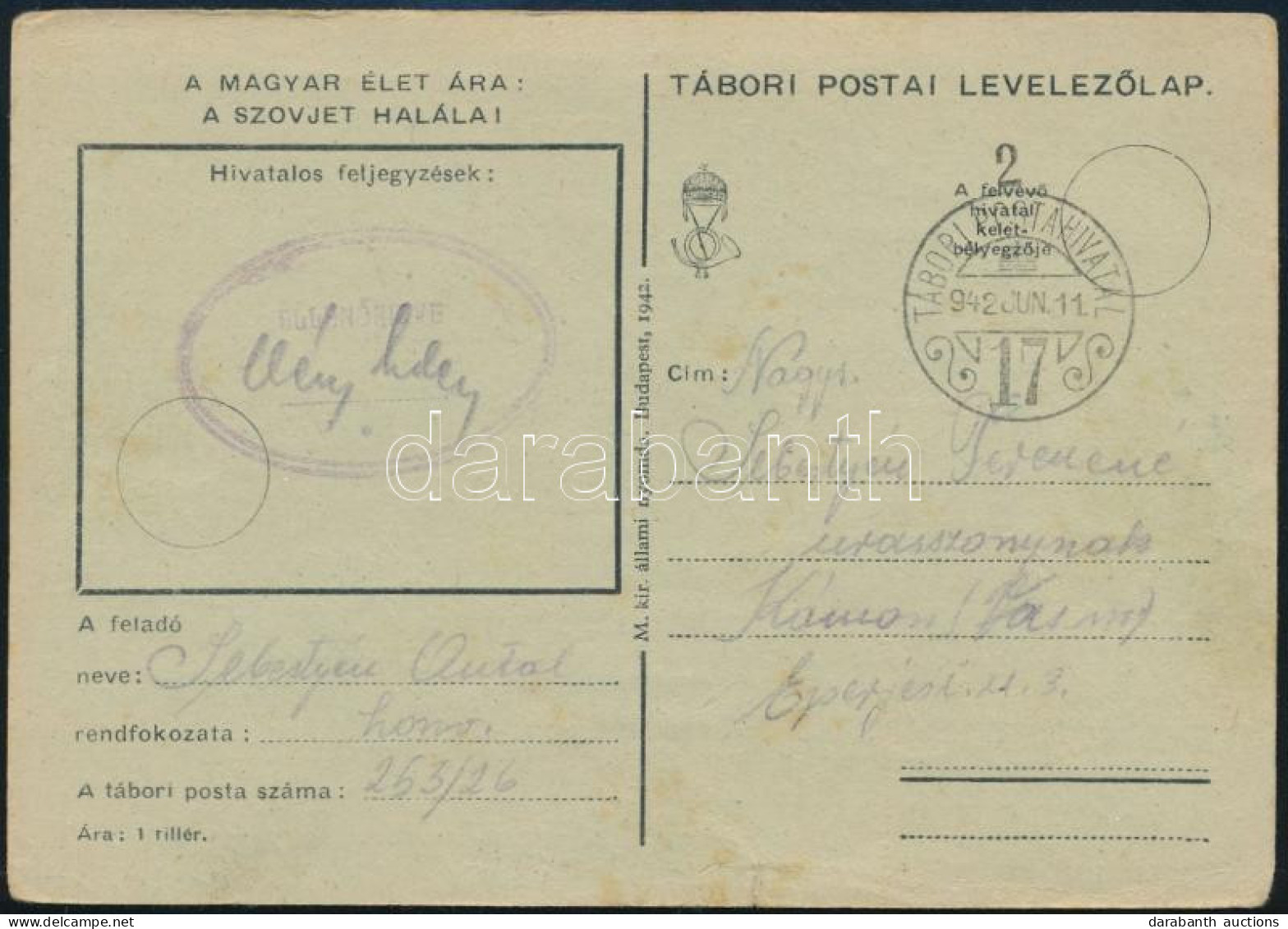 1942 II. Világháborús Tábori Posta Levelezőlap "TP 17" - Other & Unclassified