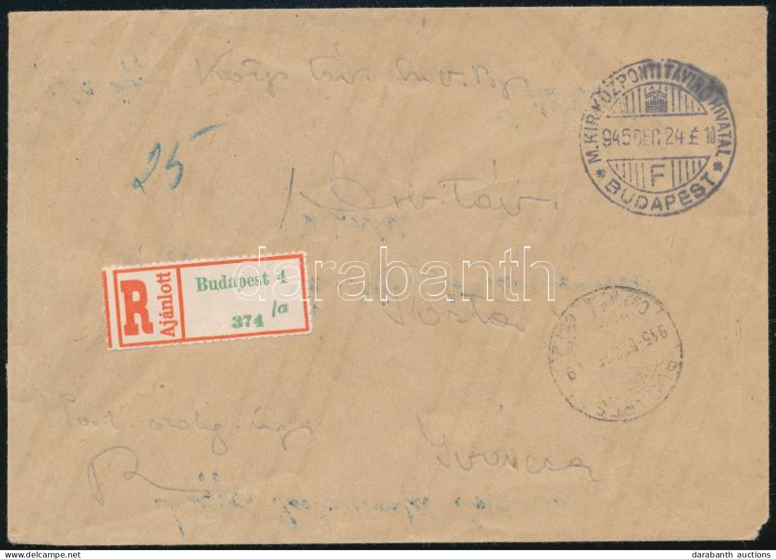 1945 (5. Díjszabás) Ajánlott Levél Készpénzes Bérmentesítéssel (kétszer Felhasznált Boríték) / Registered Cover With Han - Other & Unclassified