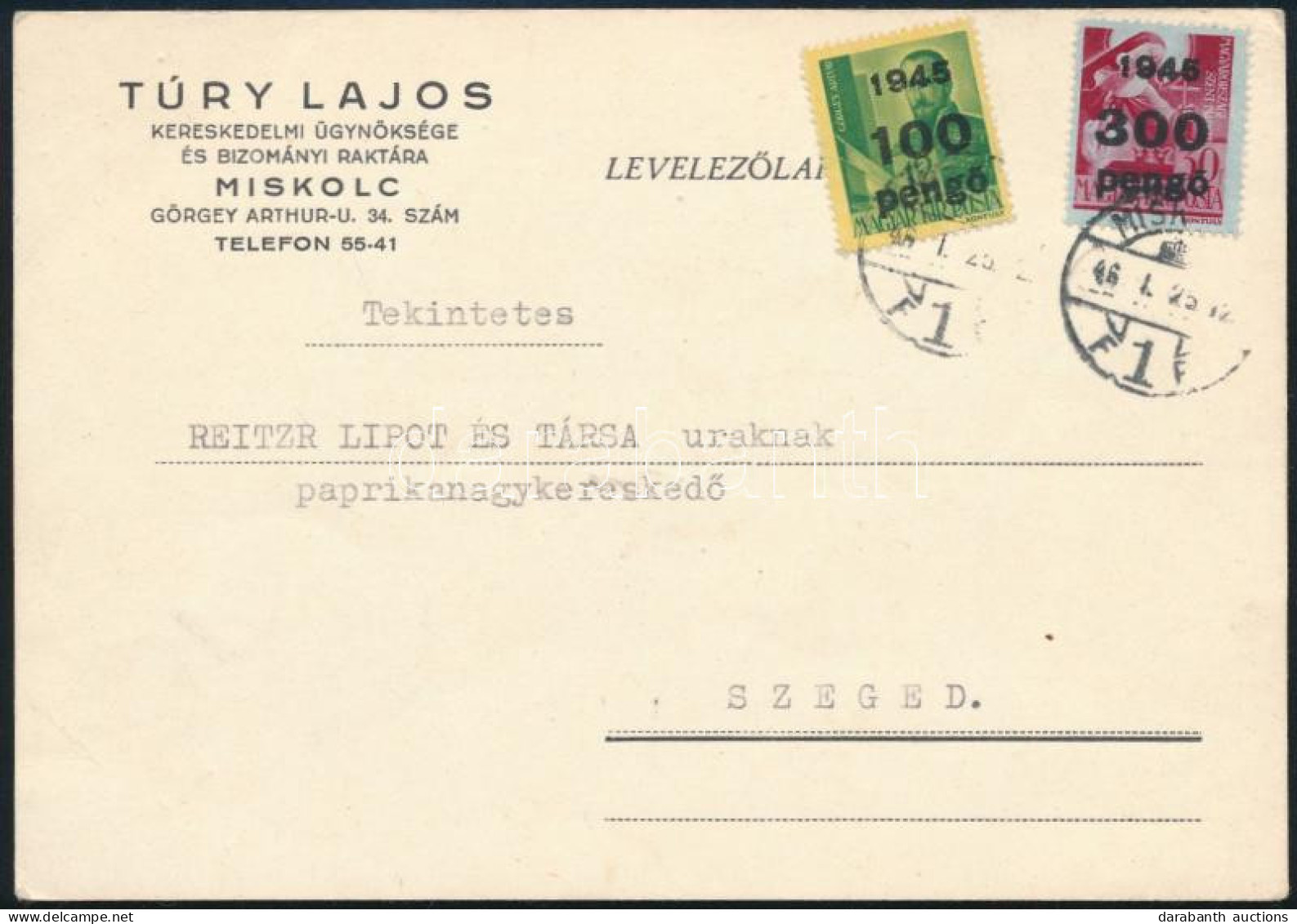 1946 (6. Díjszabás) Levelezőlap 400P Bérmentesítéssel Miskolcról Szegedre - Autres & Non Classés
