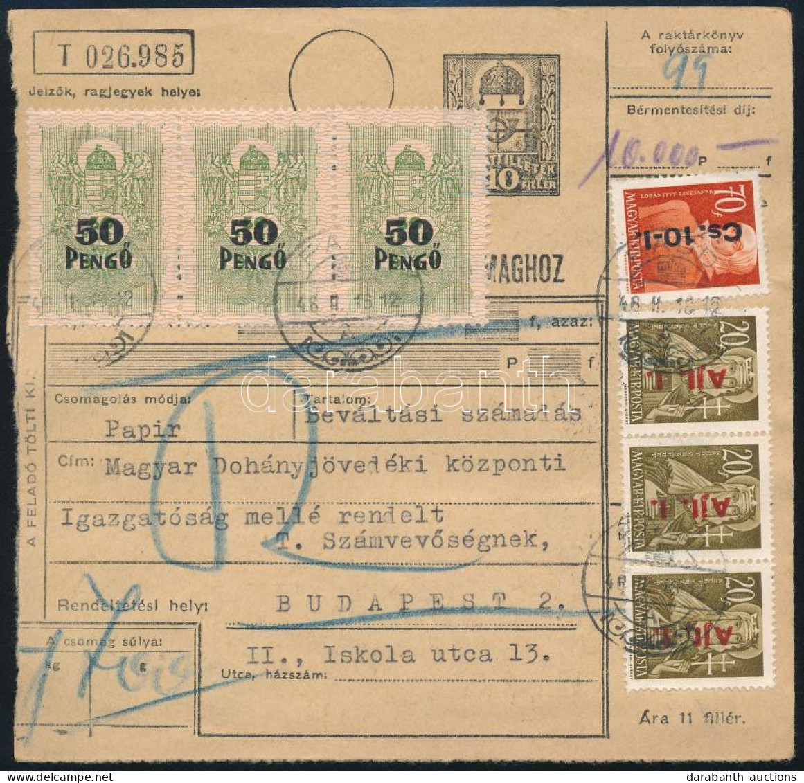 1946 (7. Díjszabás) Csomagszállító 5 Db Postai és 7 Db Okmánybélyeggel / Parcel Card With 5 Postal And 7 Fiscal Stamps - Autres & Non Classés