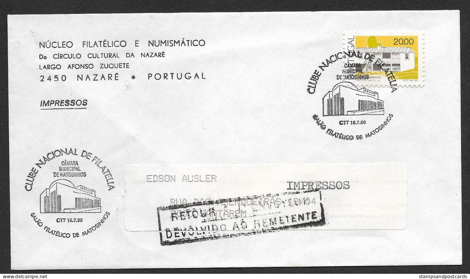 Portugal Lettre Retourné 1990 Cachet Commemoratif Expo Philatelique Matosinhos A Santarém Event Pmk Returned Cover - Annullamenti Meccanici (pubblicitari)