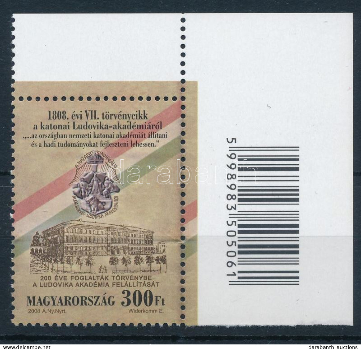 ** 2008 Ludovika Akadémia ívsarki Vonalkódos Bélyeg, A Bélyegkép A Fogazaton Túl Folytatódik - Sonstige & Ohne Zuordnung