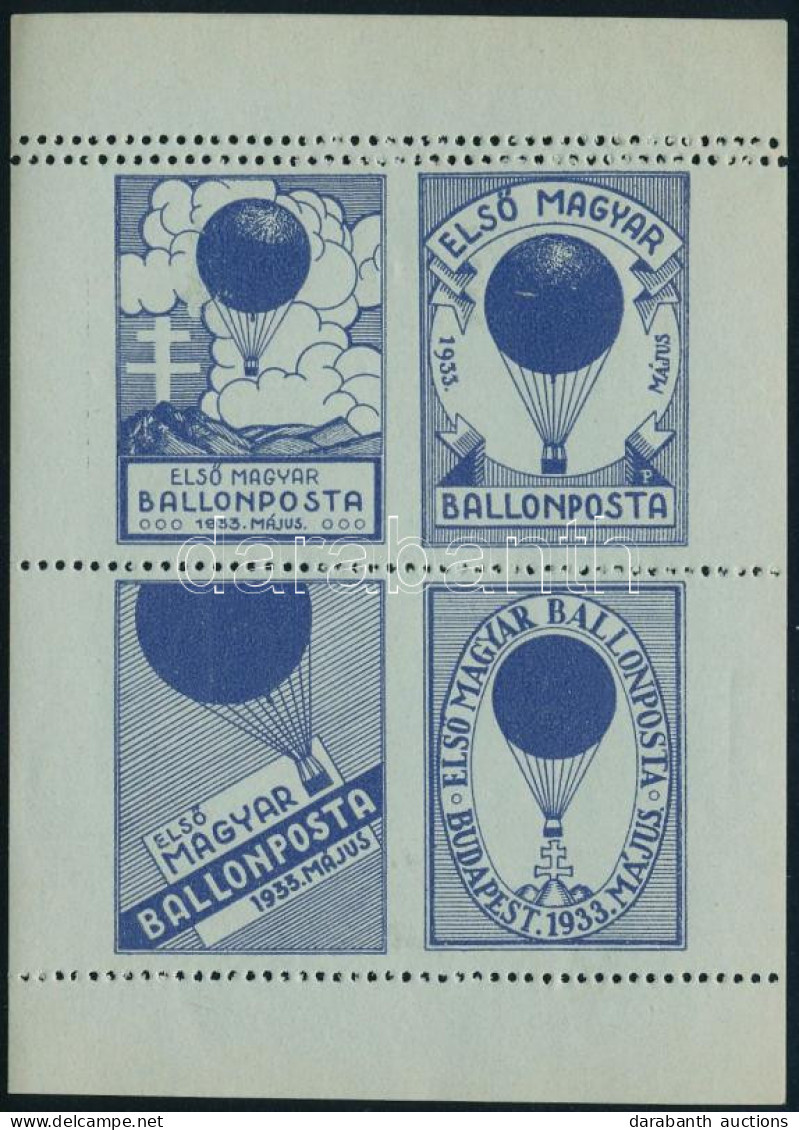 1933/4 Első Magyar Ballonposta Emlékív Négyestömb Felül Dupla és Csak Vízszintes Fogazással - Other & Unclassified