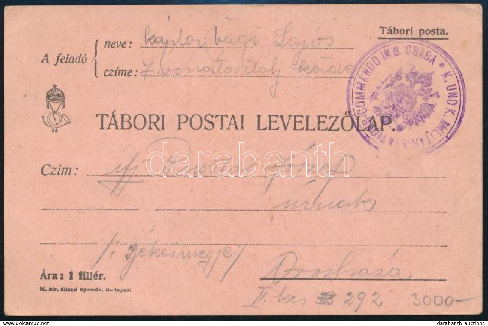 1916 Békécsaba, Tábori Postai Lap - Andere & Zonder Classificatie