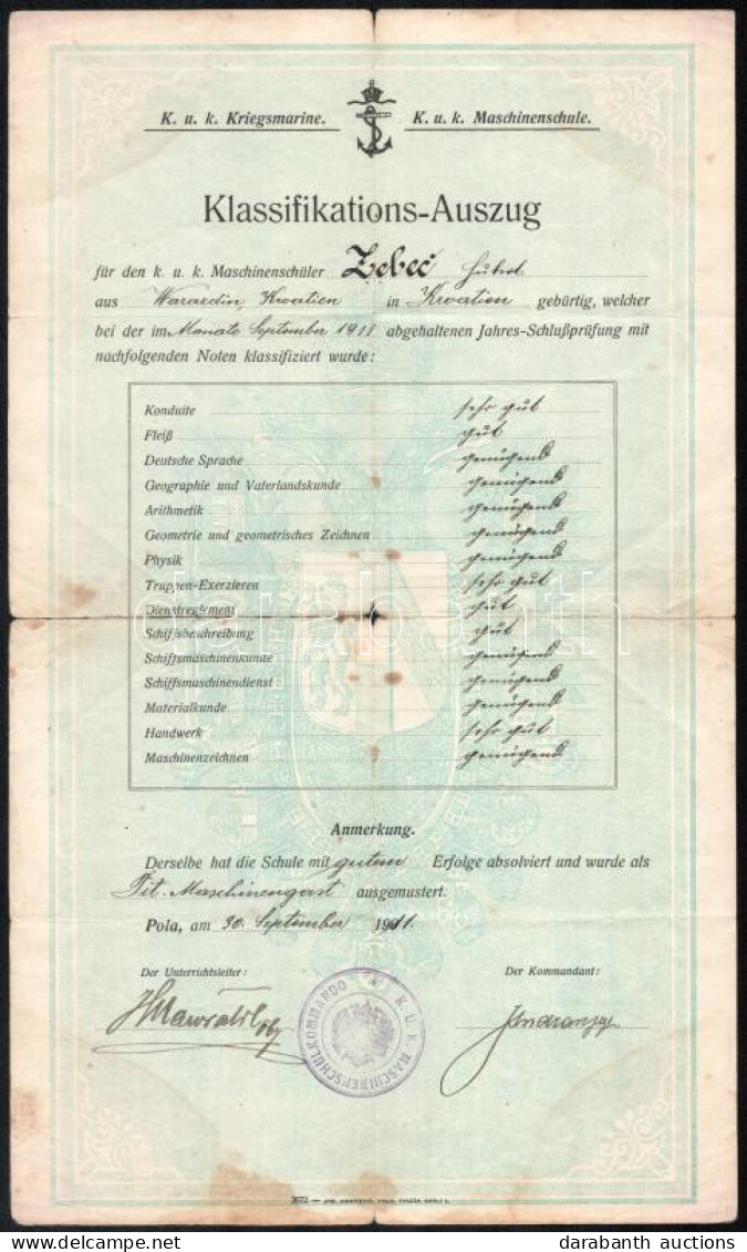 1911 K.u.k. Maschinenschule Pola Tengerészeti Gépész Bizonyítvány / Hubert Zebec's Grades At The K.u.k. Mechanics School - Autres & Non Classés