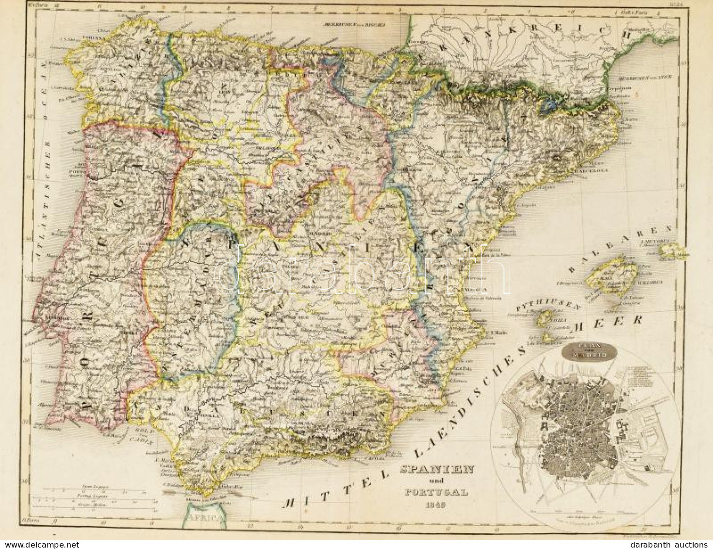 1849 Spanien Und Portugal - Spanyolország és Portugália Színezett Acélmetszetű Térképe.rajta Madrid Térképe. . Gez. V. H - Other & Unclassified