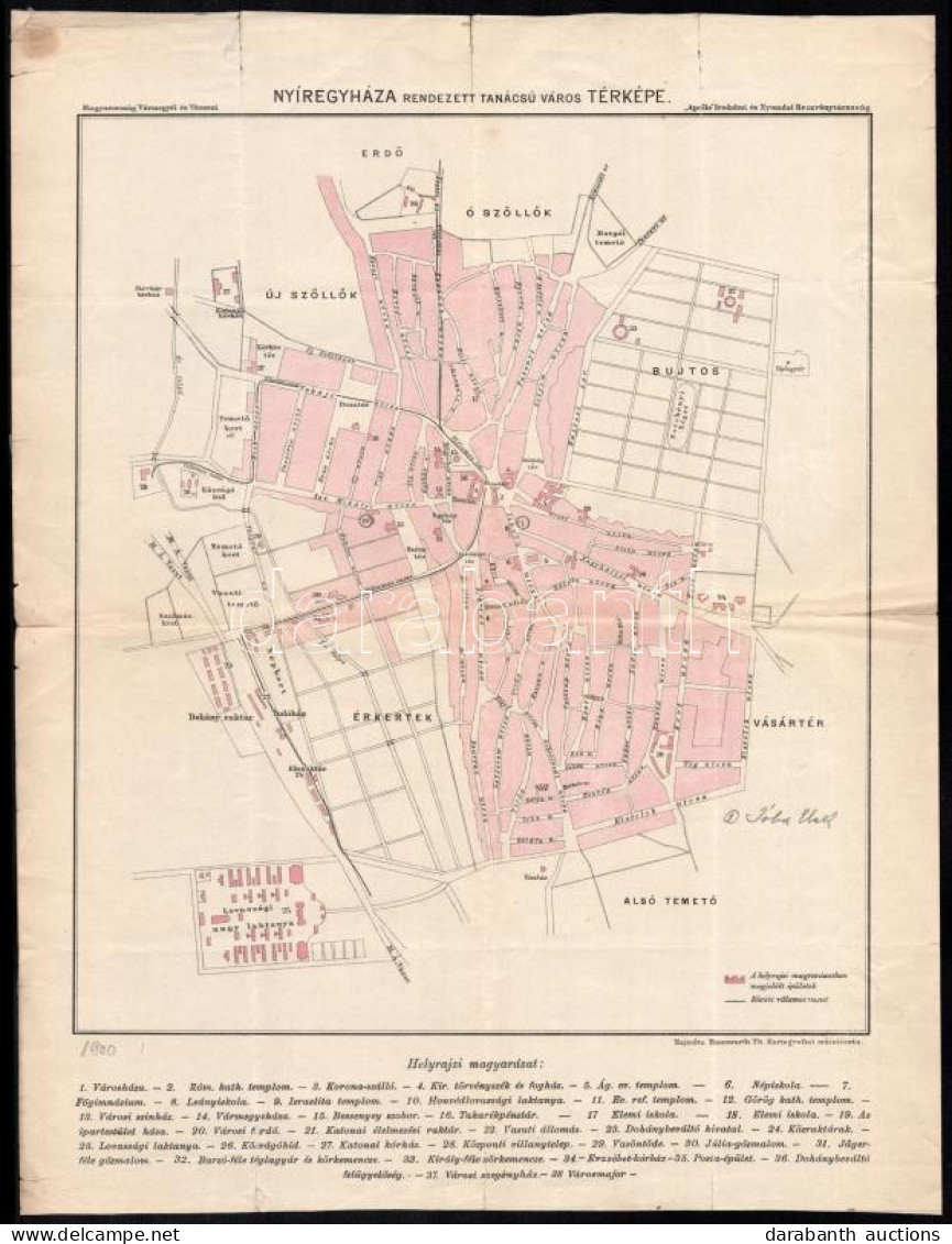 Cca 1900 Nyíregyháza Rendezett Tanácsú Város Térképe, Rajzolta Bannwarth Th. Kartográfiai Intézete, "Apollo" Nyomda, Lap - Other & Unclassified