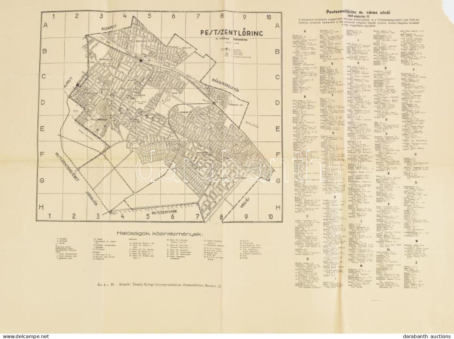 1949 Pestszentlőrinc M. Város Térképe, Utcajegyzékkel, Sarokhiánnyal, 50×70 Cm - Andere & Zonder Classificatie