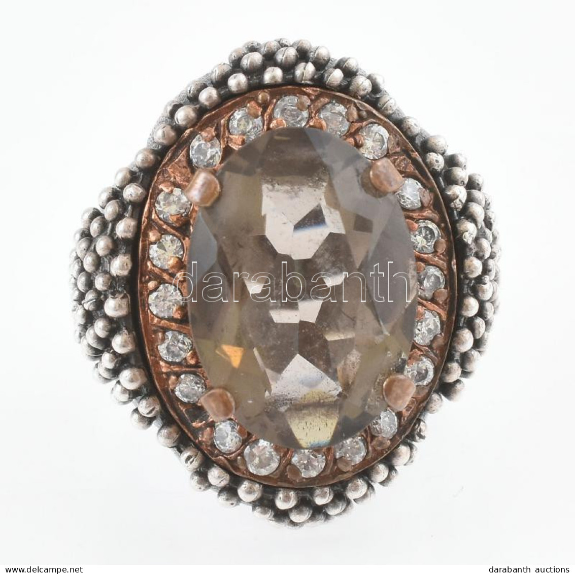 Ezüst(Ag) Gyűrű Füstszínű üveg Kővel, Jelzett, Méret: 58 Cm, Bruttó: 13,9 G - Autres & Non Classés