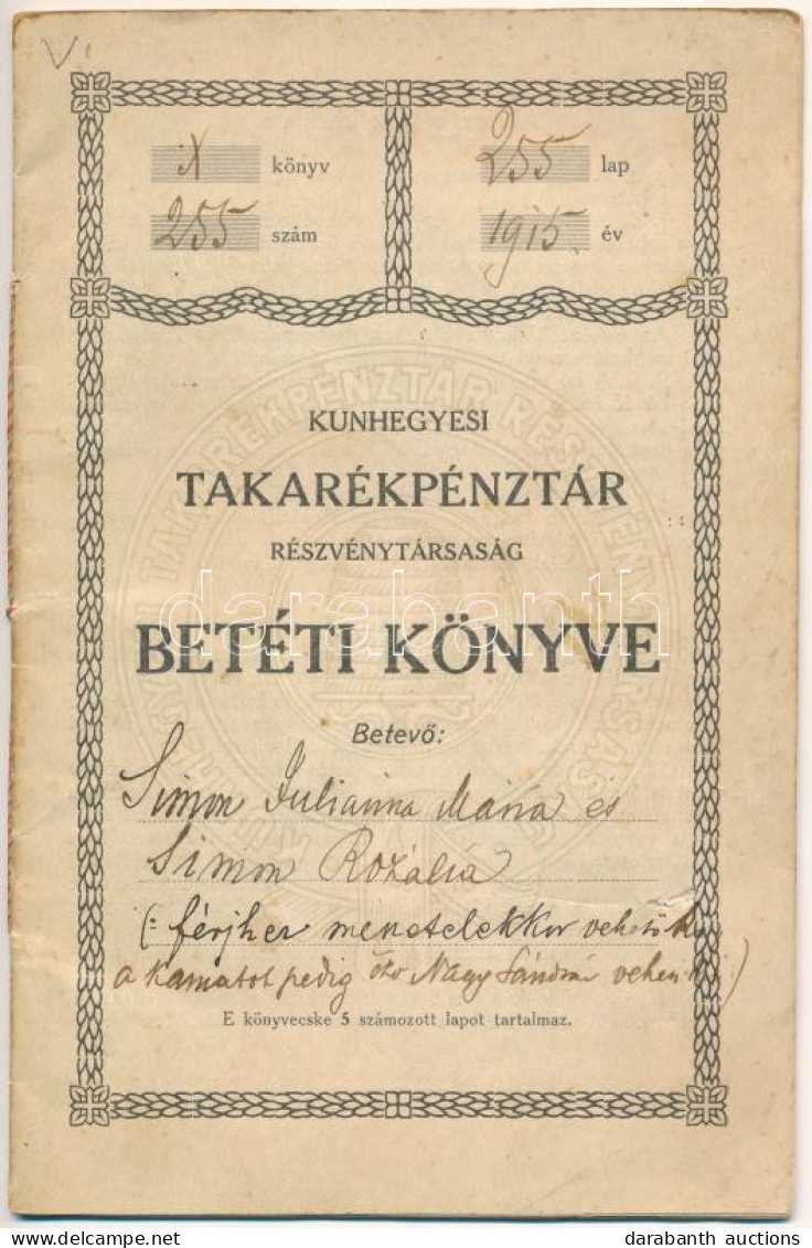 Kunhegyes 1915. "Kunhegyesi Takarékpénztár" Betéti Könyve, Bejegyzésekkel, Hátoldalán Viaszpecséttel - Unclassified