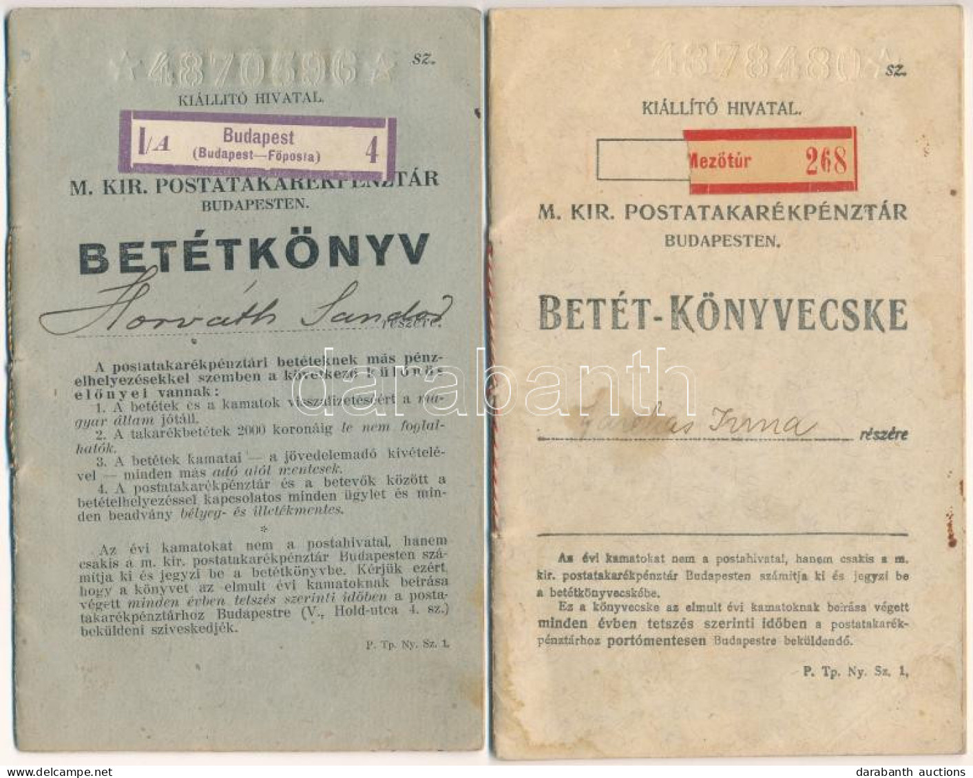 2db-os Betétkönyv Tétel, Benne: Mezőtúr 1919. "M. Kir. Postatakarékpénztár" Bejegyzésekkel Valamint Budapest 1927. "M. K - Unclassified