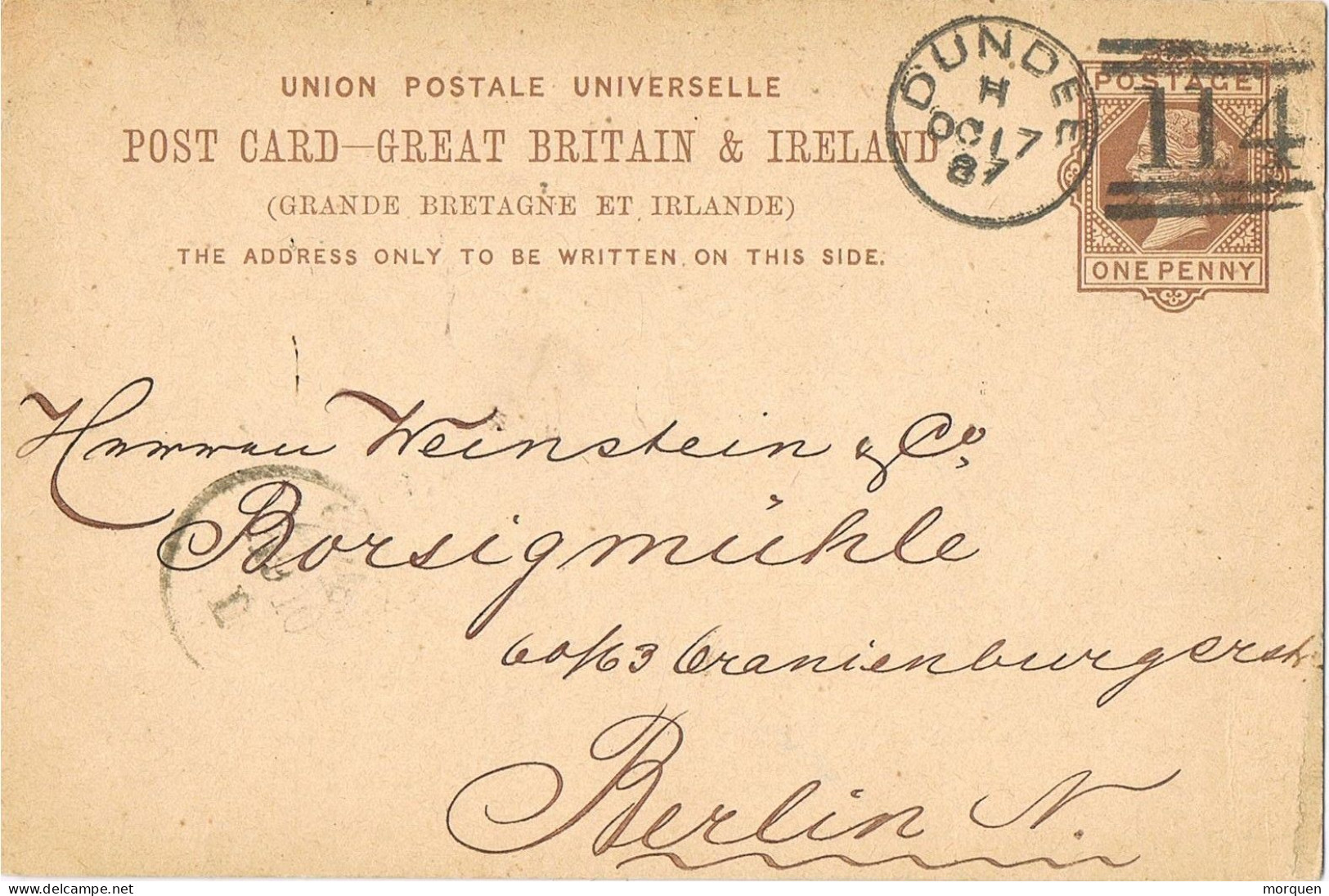 52761. Entero Postal Privado DUNDEE (England) 1887.Gride 114. Comercial Polack And Co - Cartas & Documentos