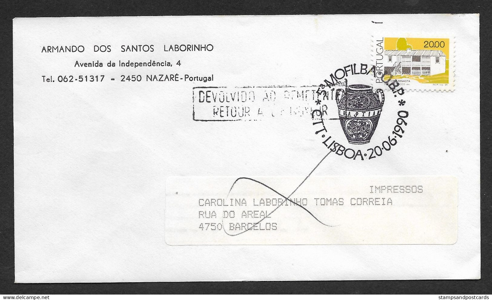 Portugal Lettre Retourné De Barcelos 1990 Cachet Commemoratif Expo Philatelique Stamp Event Pmk Returned Cover - Maschinenstempel (Werbestempel)