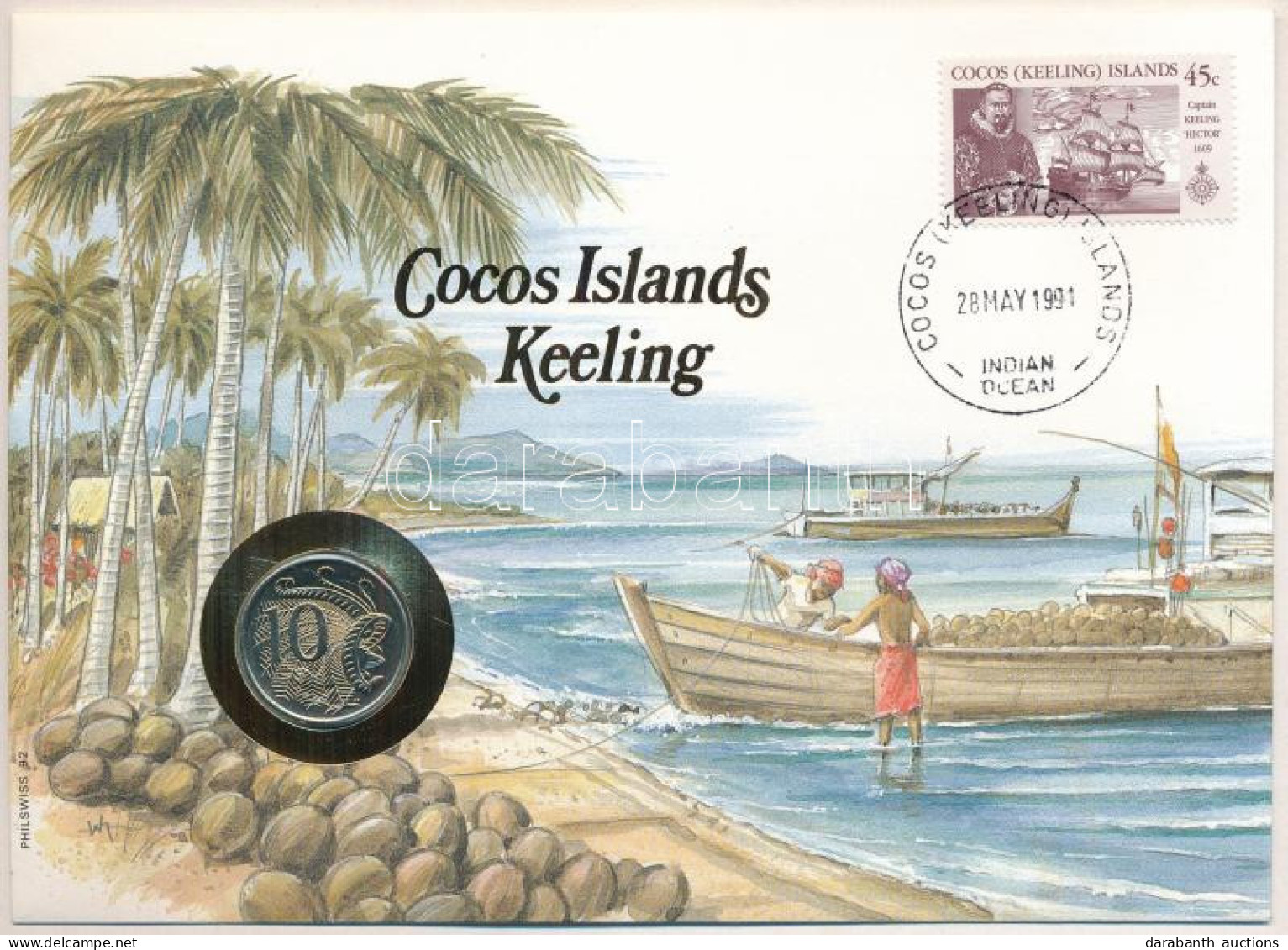 Ausztrália / Kókusz-sziget 1990. 10c Felbélyegzett Borítékban, Bélyegzéssel, Német Nyelvű Leírással T:UNC Australia / Co - Non Classés