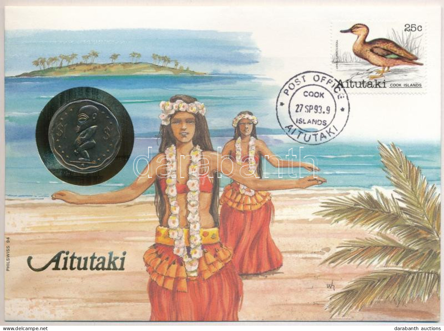 Cook-szigetek / Aitutaki 1992. 1$ Cu-Ni Felbélyegzett Borítékban, Bélyegzéssel, Német Nyelvű Tájékoztatóval T:UNC  Cook  - Zonder Classificatie