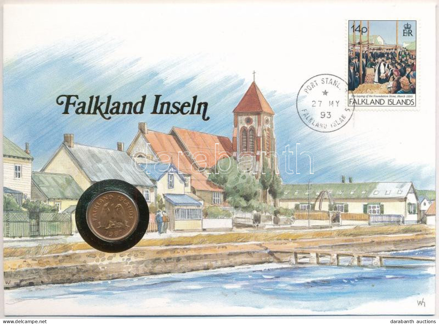 Falkland-szigetek 1987. 1p Bronz "II. Erzsébet" Emlékérme Felbélyegzett Borítékban, Bélyegzéssel, Német Nyelvű Tájékozta - Ohne Zuordnung