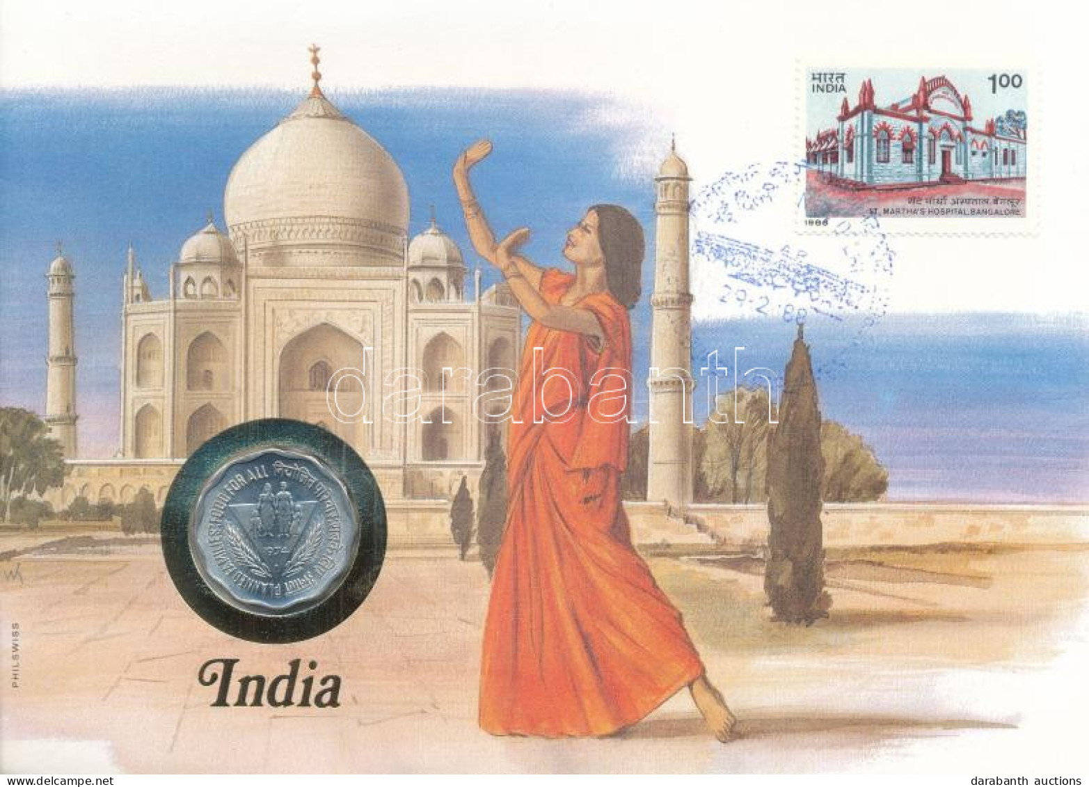 India 1974. 10p Felbélyegzett Borítékban, Bélyegzéssel, Német Nyelvű Leírással T:UNC India 1974. 10 Paise In Envelope Wi - Non Classés