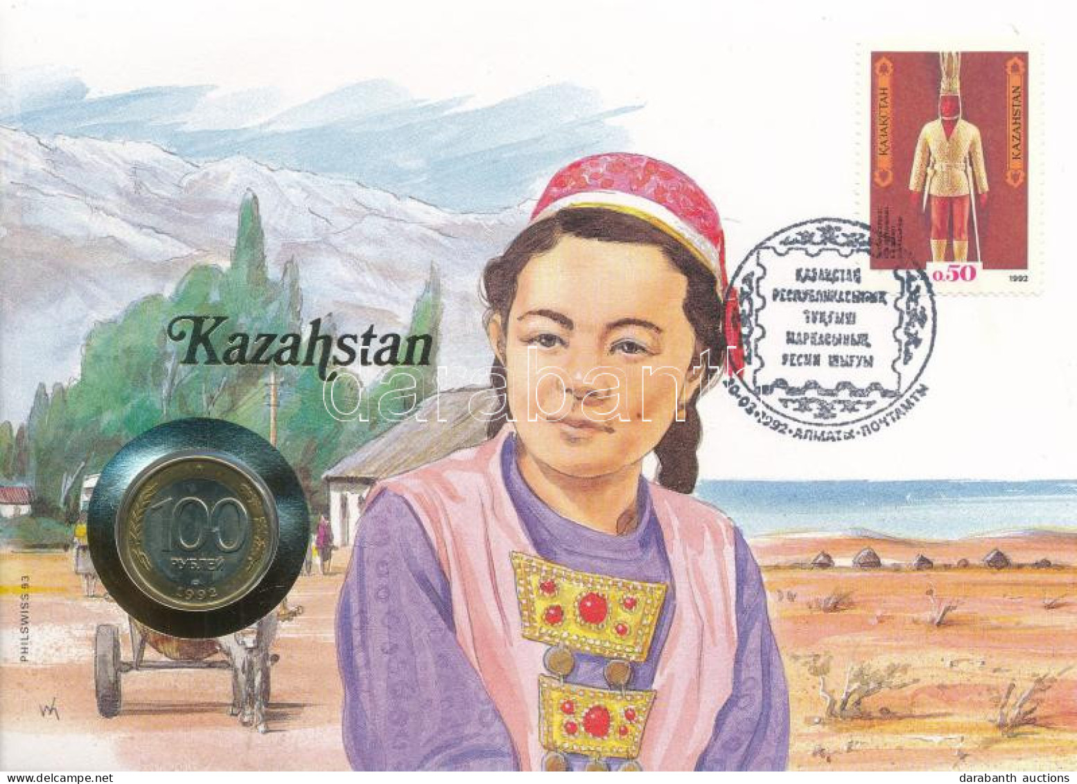 Kazahsztán Felbélyegzett Borítékban, Bélyegzéssel, Német Nyelvű Tájékoztatóval, Benne Oroszország 1992. 100R Bimetál T:A - Unclassified