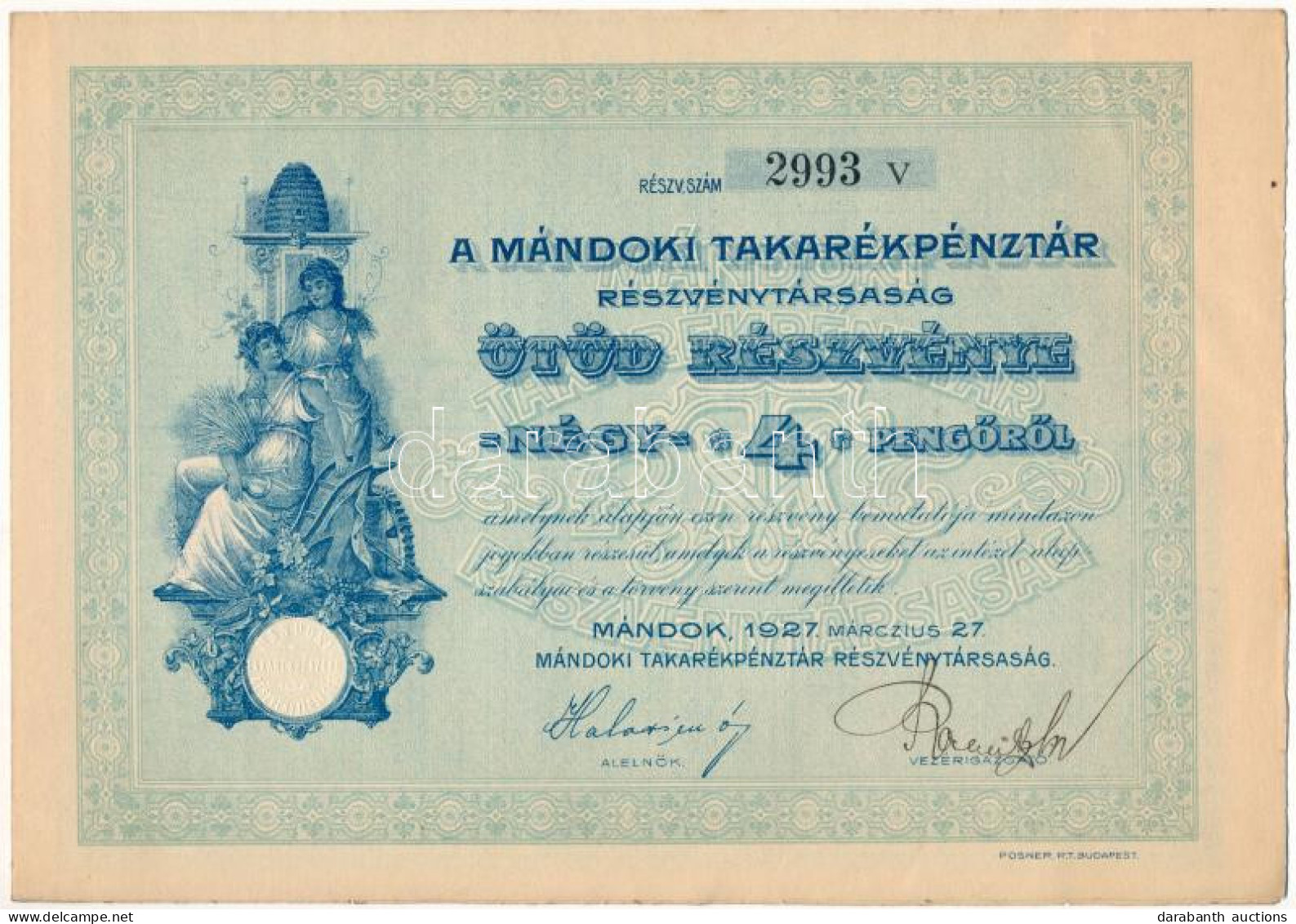 Mándok 1927. "Mándoki Takarékpénztár Részvénytársaság" ötöd Részvénye 4P-ről (2x) "2993 IV,V" Sorszámú Részvények, Szára - Non Classés