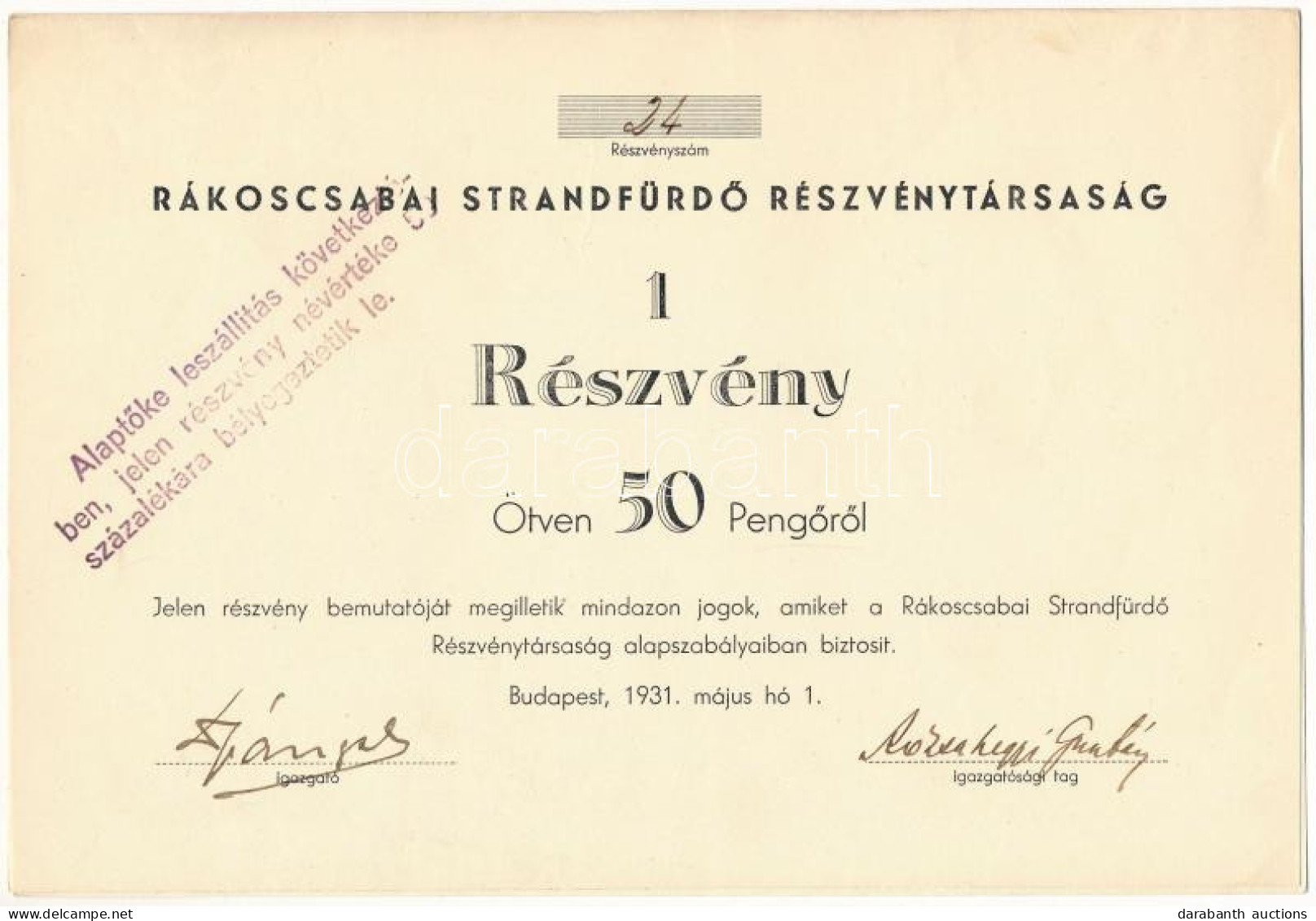 Budapest 1931. "Rákoscsabai Strandfürdő Részvénytársaság" Részvény 50P-ről T:VF - Unclassified