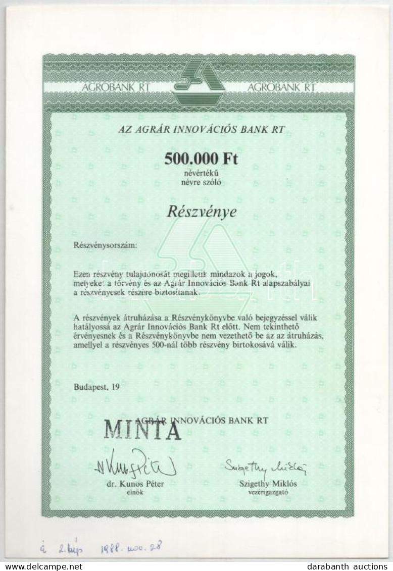 Budapest 1988. "Agrár Innovációs Bank Rt." Részvénye 500.000Ft-ról "MINTA" Felülbélyegzéssel T:AU - Unclassified