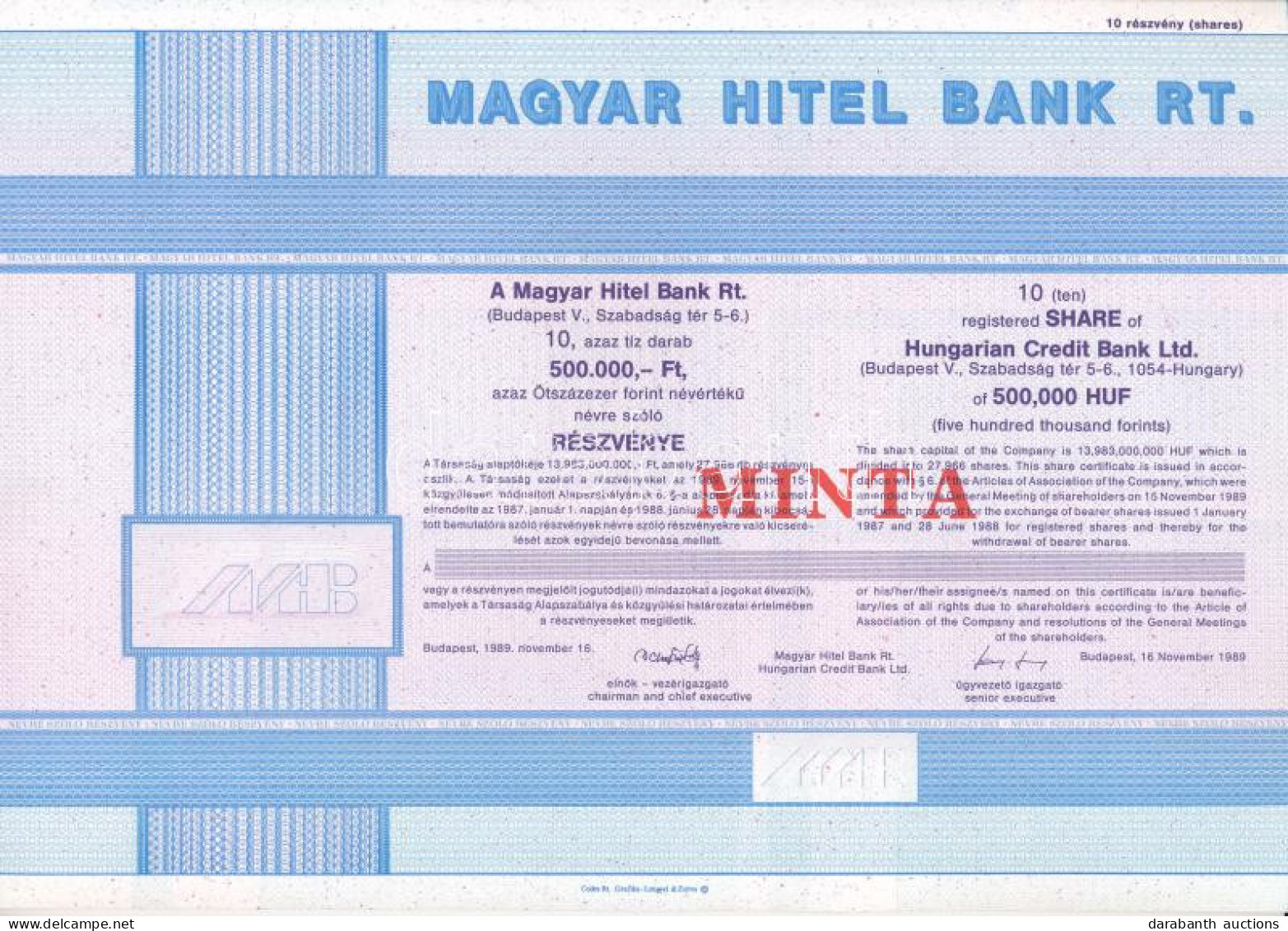 Budapest 1989. "Magyar Hitel Bank Rt." 10 Darab Részvénye összesen 500.000Ft Névértékben, "MINTA" Felülbélyegzéssel, Sze - Sin Clasificación